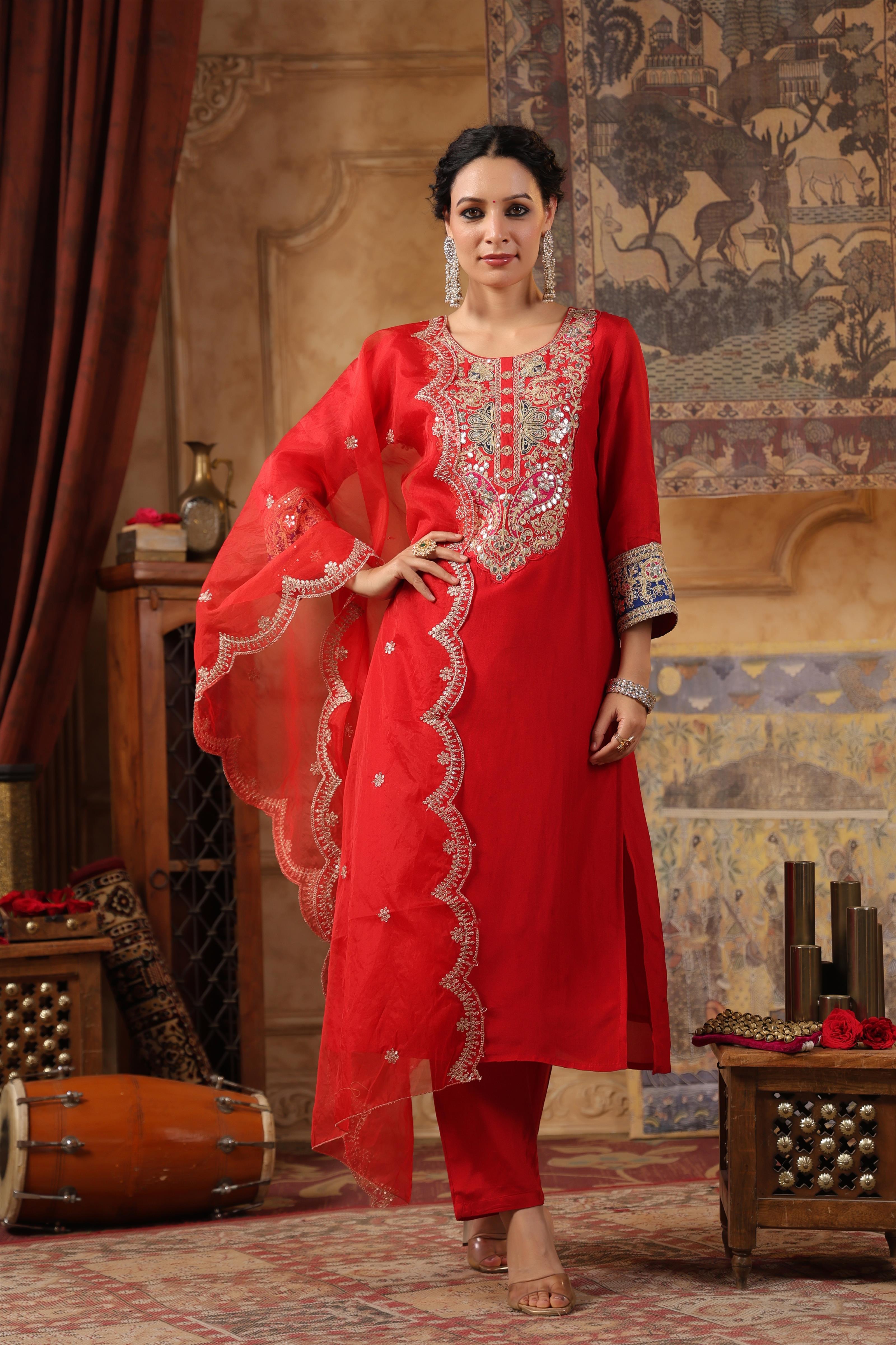 Red Dupion Silk Dori Work Suit Set