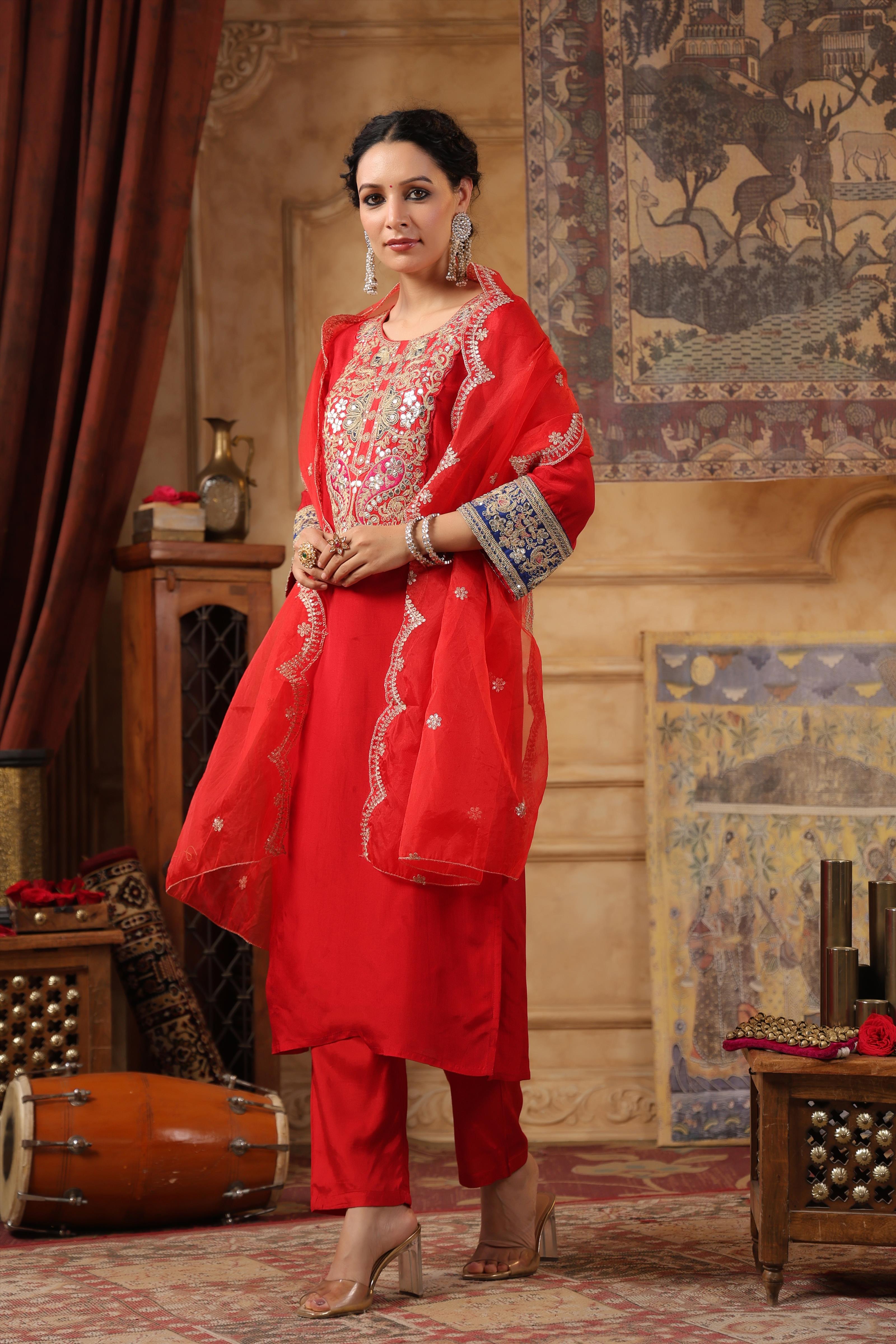 Red Dupion Silk Dori Work Suit Set