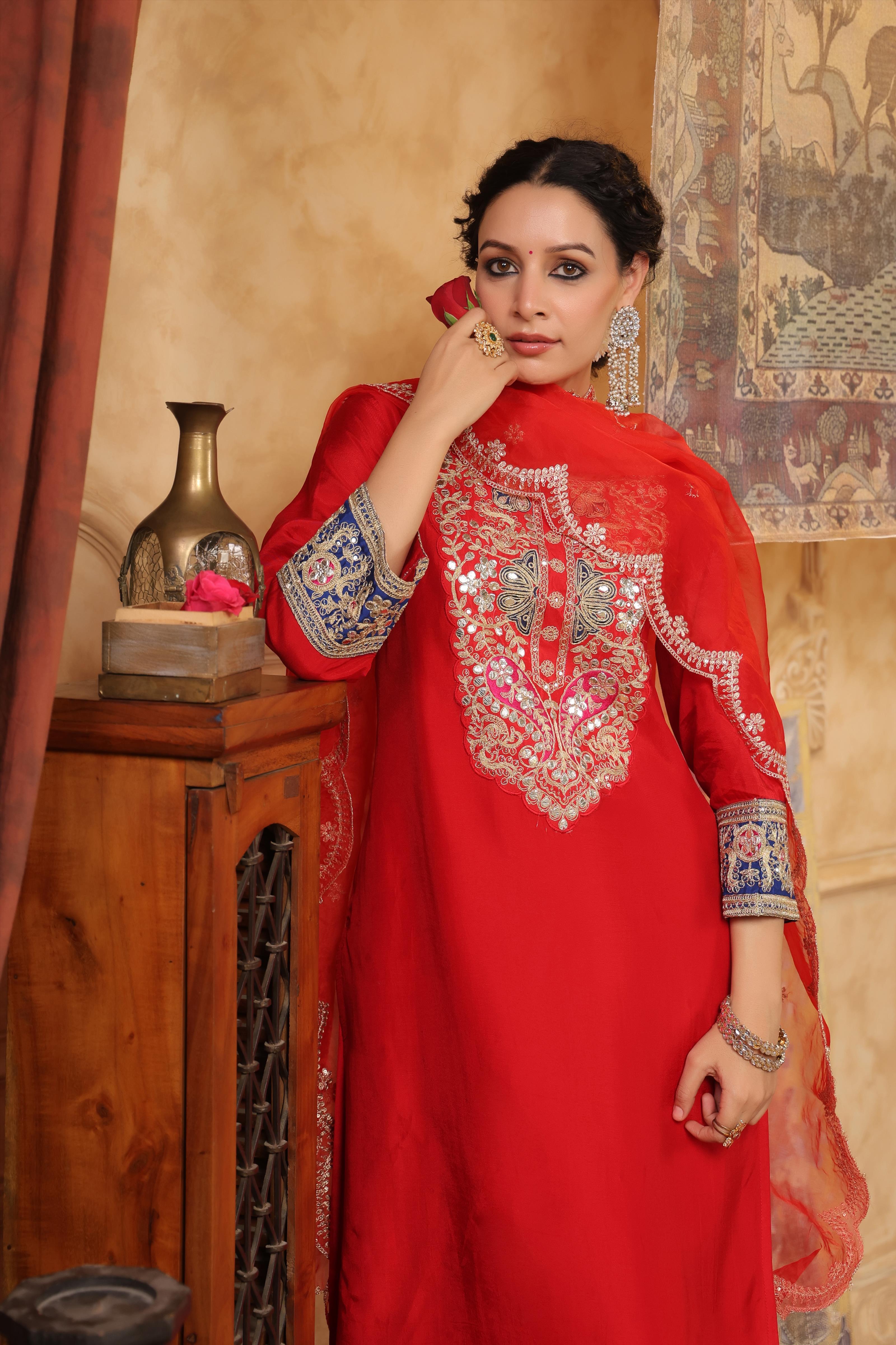 Red Dupion Silk Dori Work Suit Set