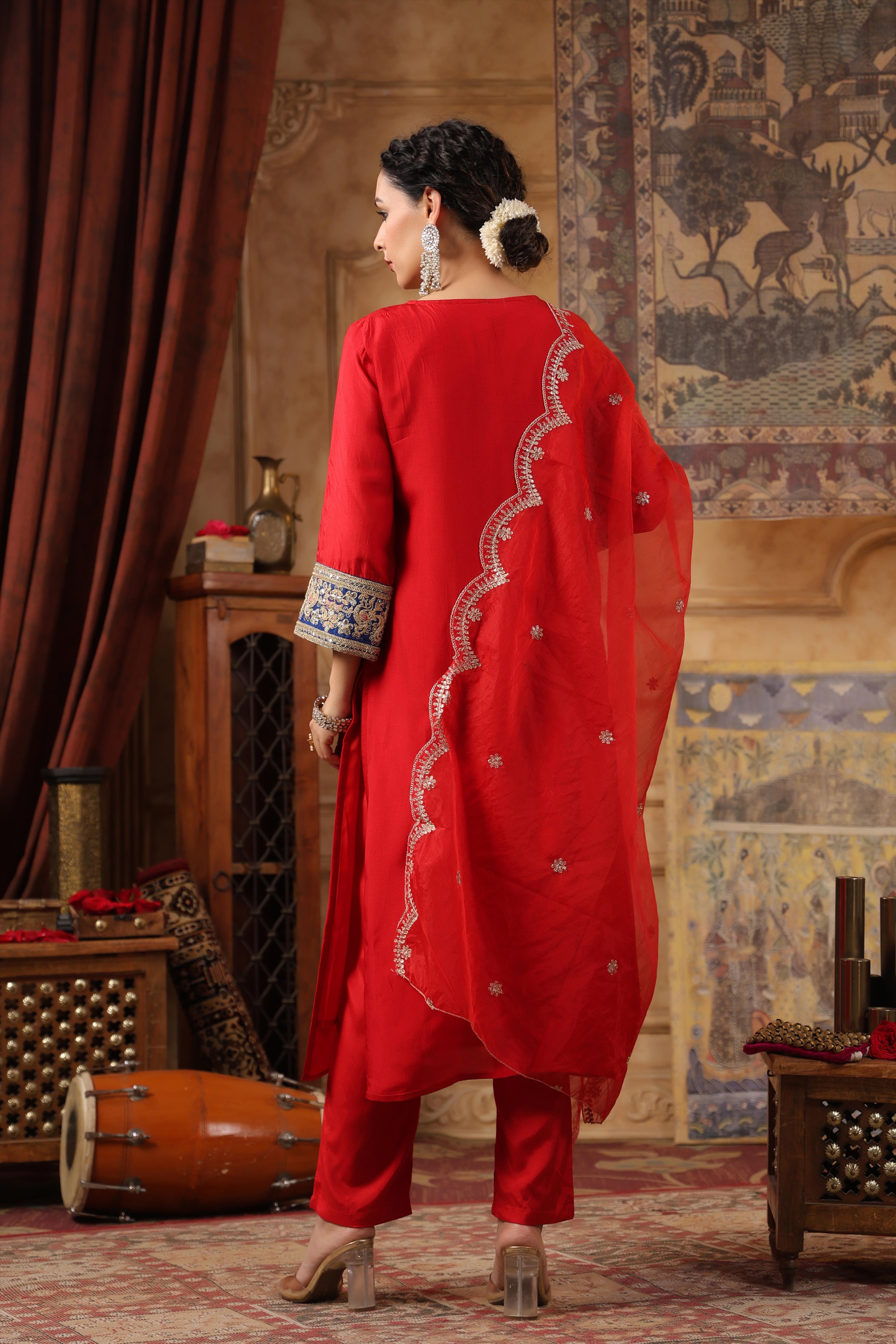 Red Dupion Silk Dori Work Suit Set