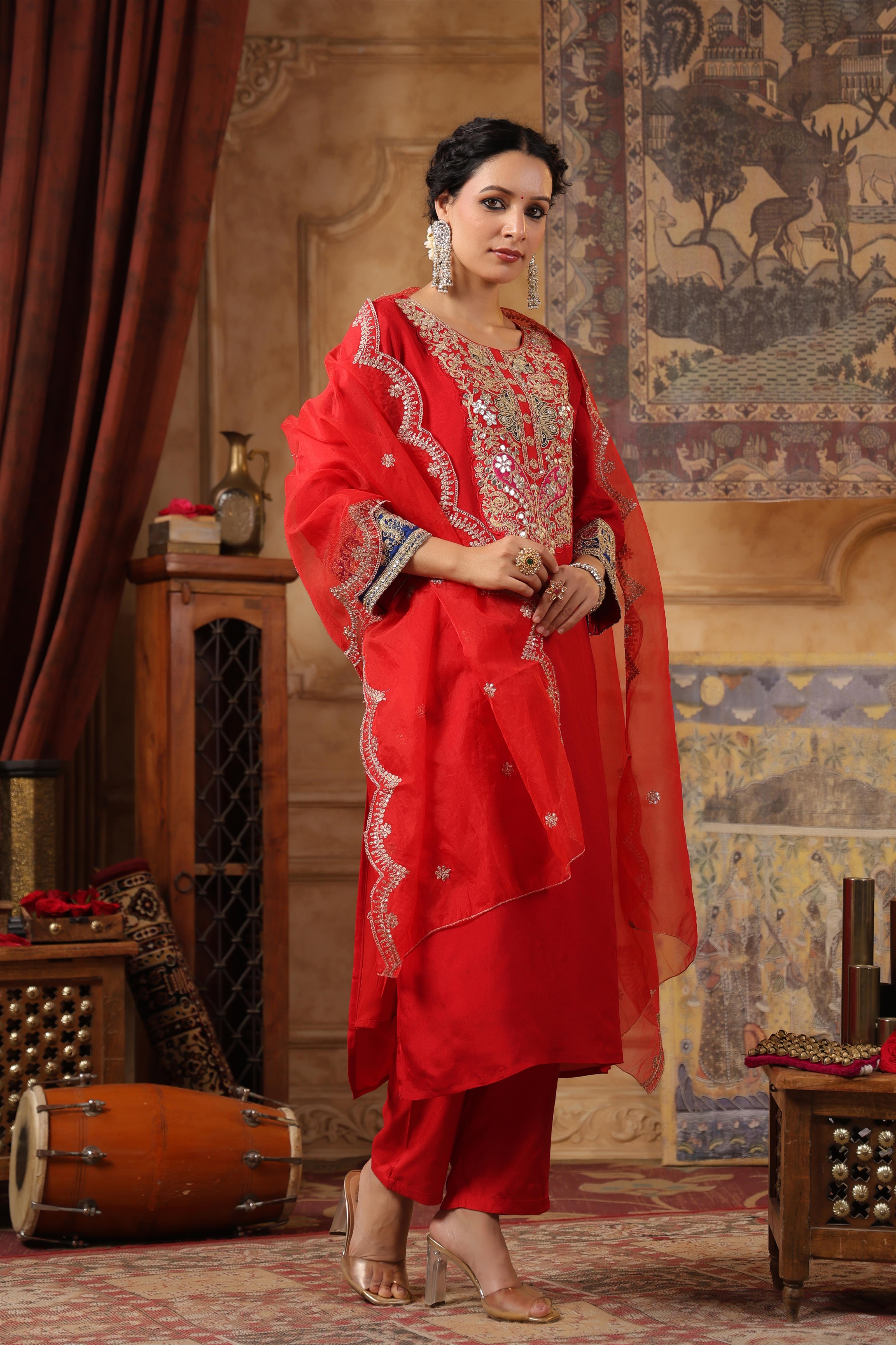 Red Dupion Silk Dori Work Suit Set