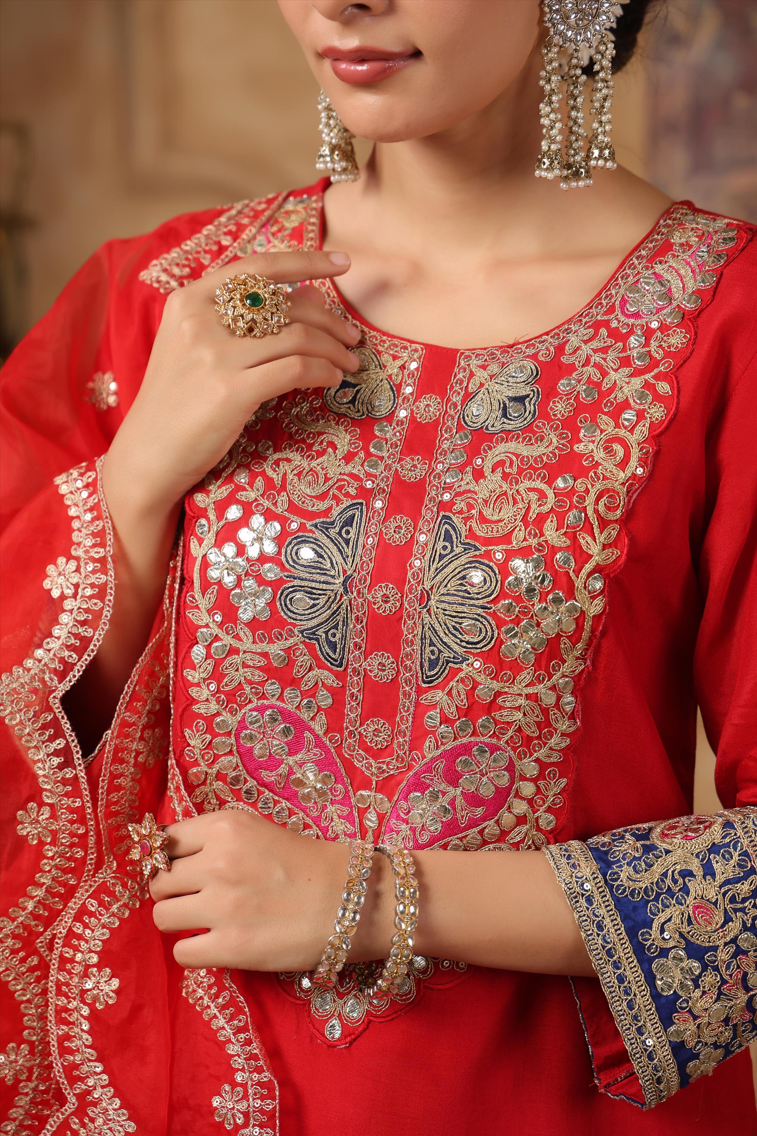 Red Dupion Silk Dori Work Suit Set