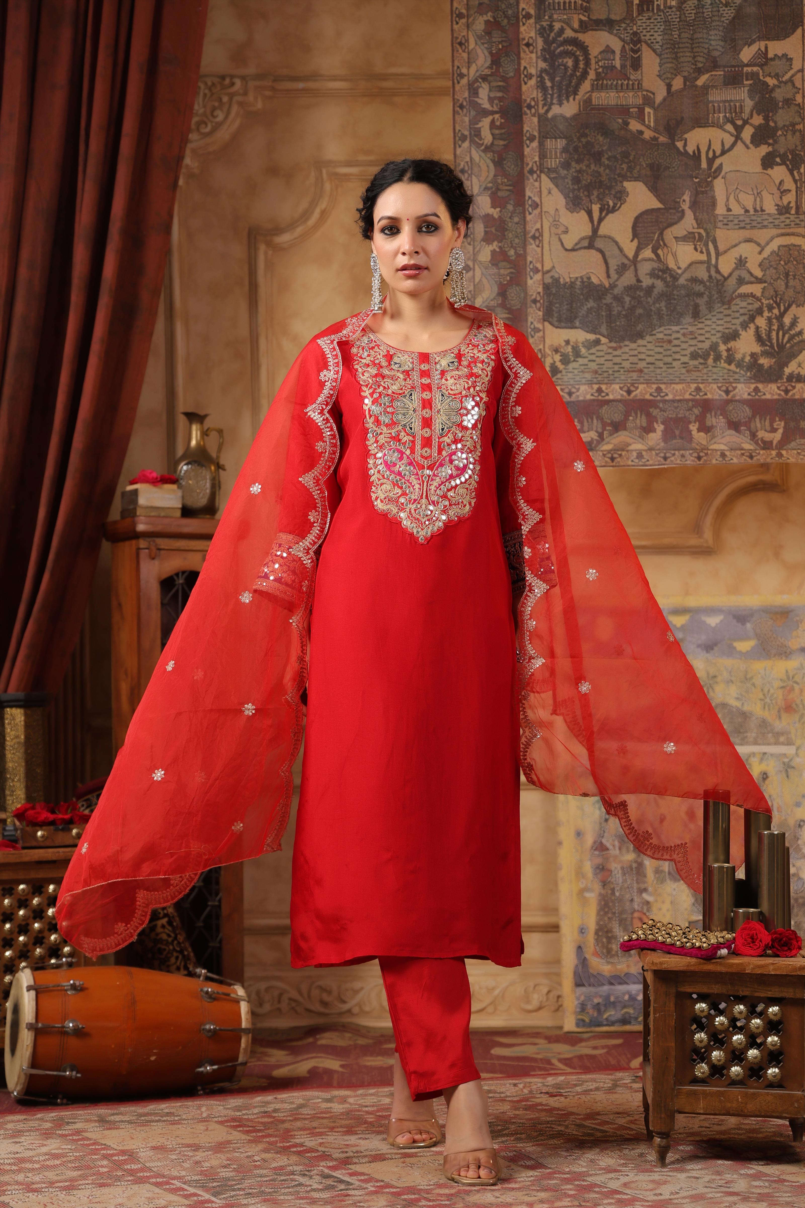 Red Dupion Silk Dori Work Suit Set