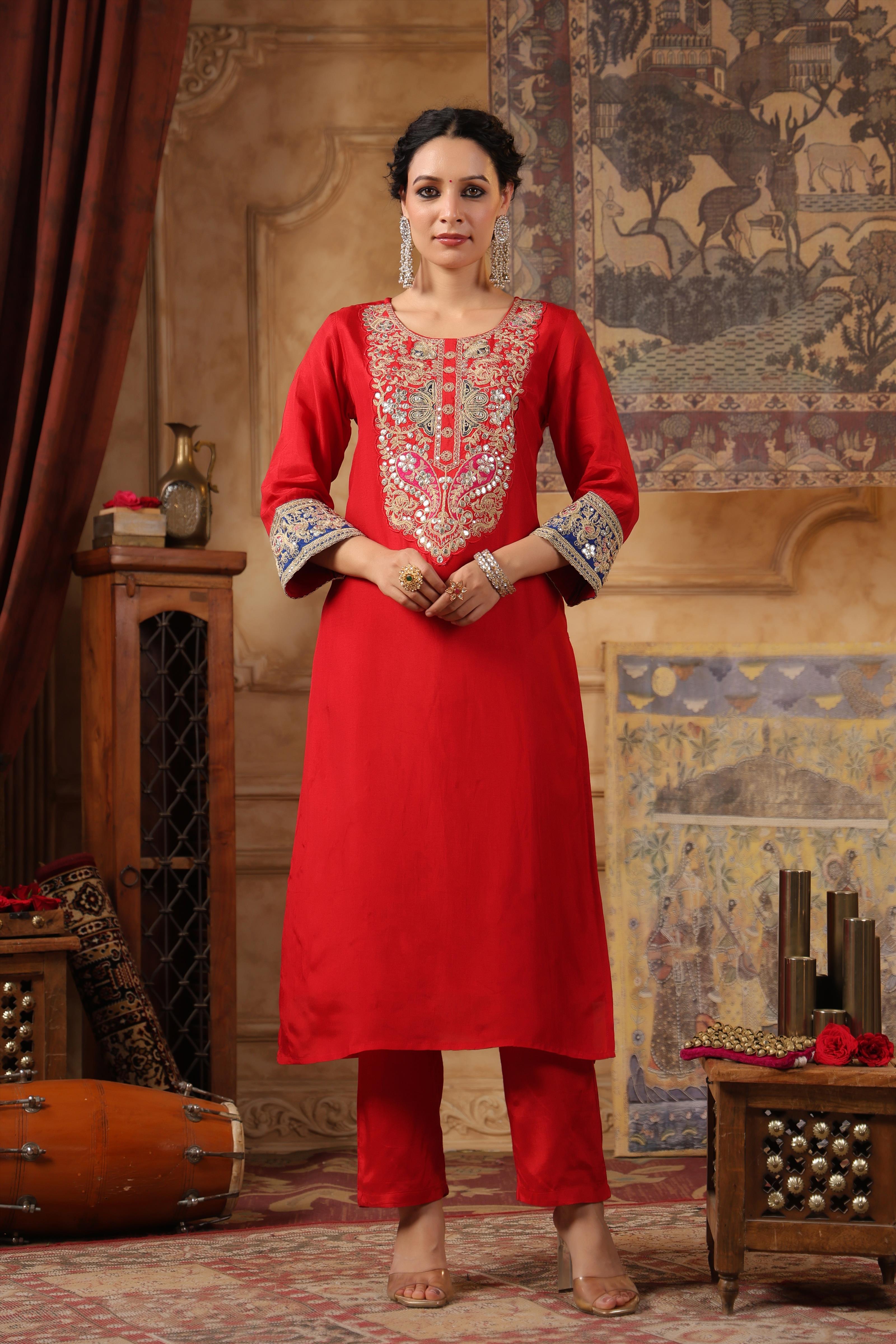 Red Dupion Silk Dori Work Suit Set