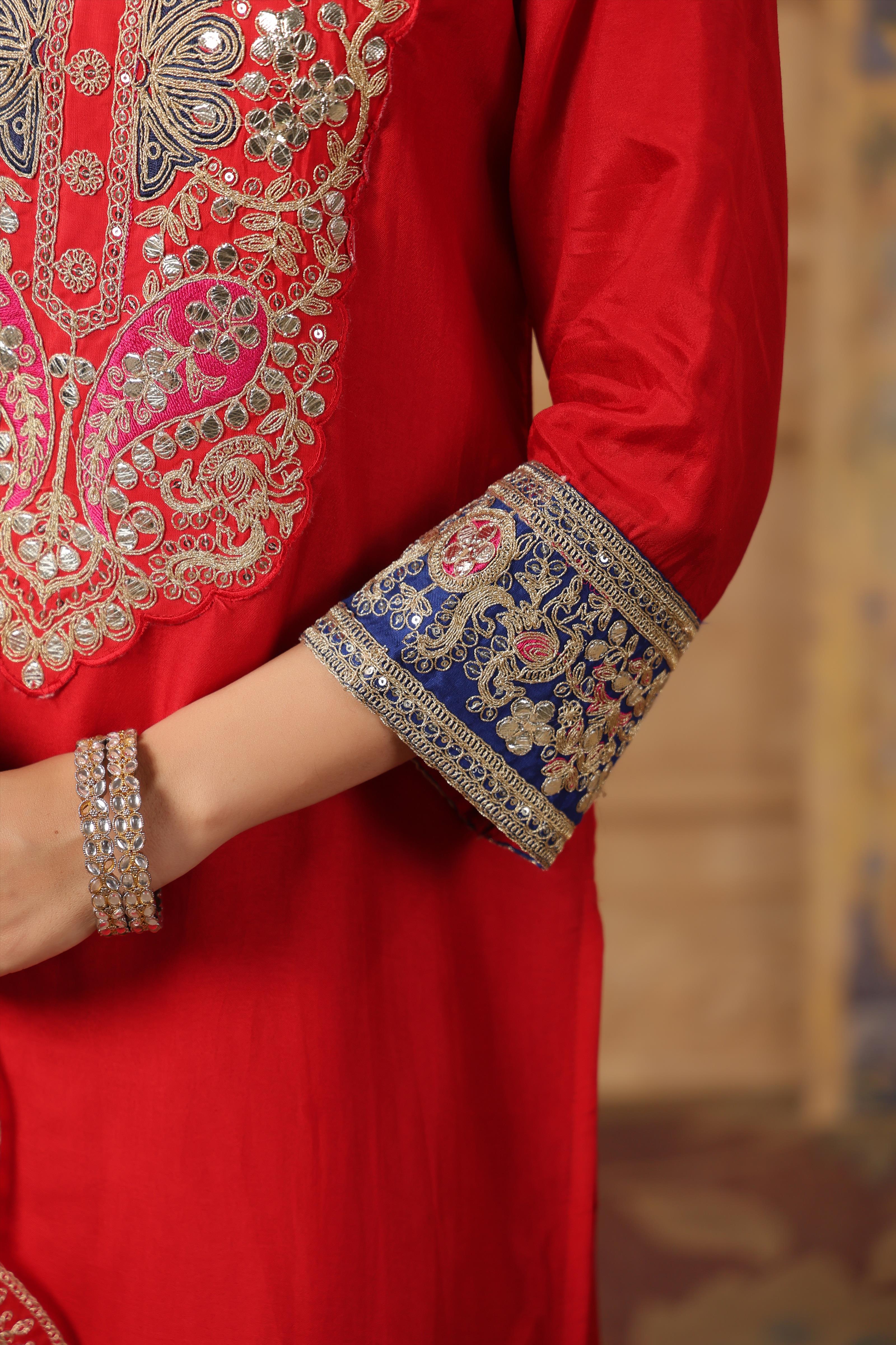 Red Dupion Silk Dori Work Suit Set