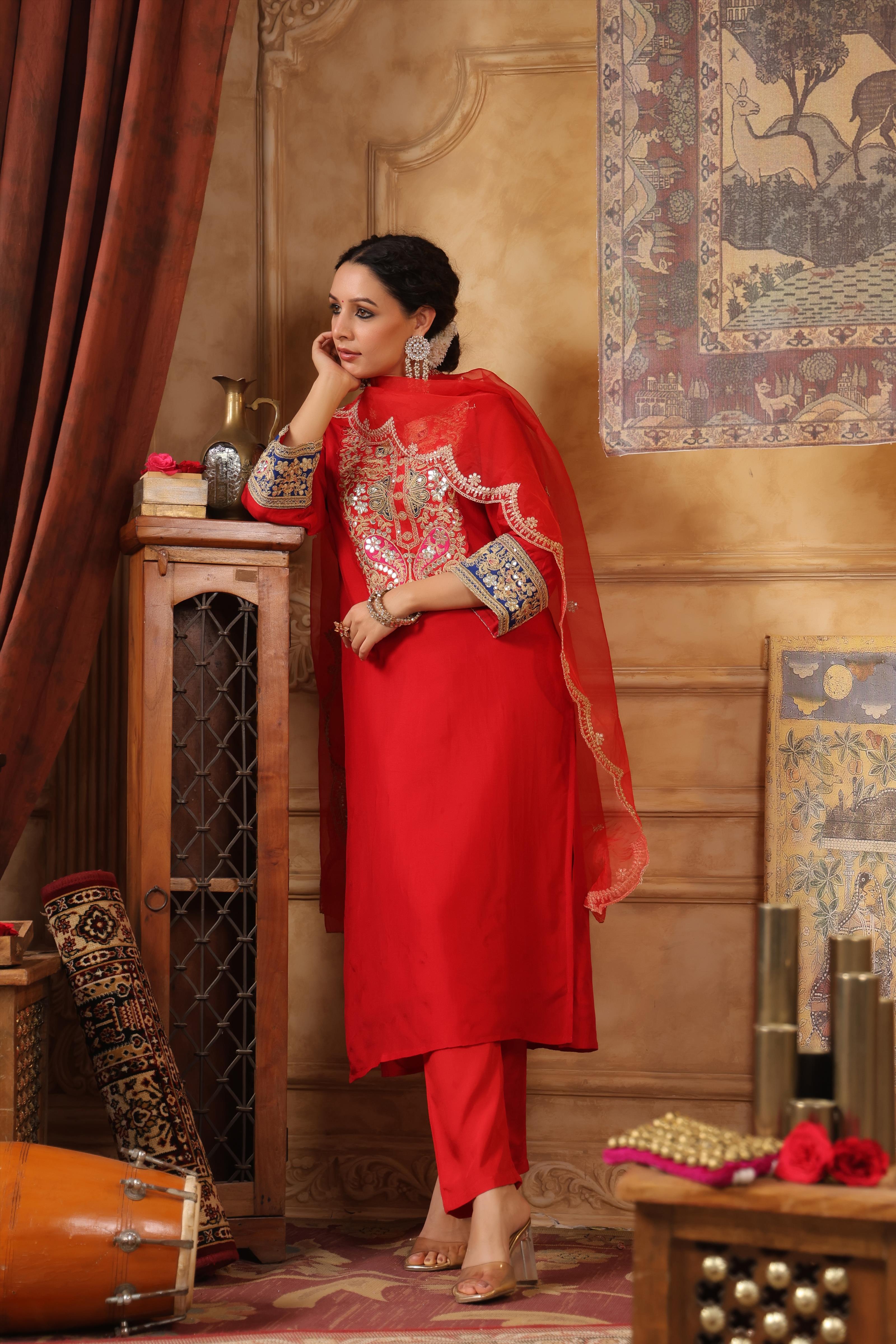 Red Dupion Silk Dori Work Suit Set