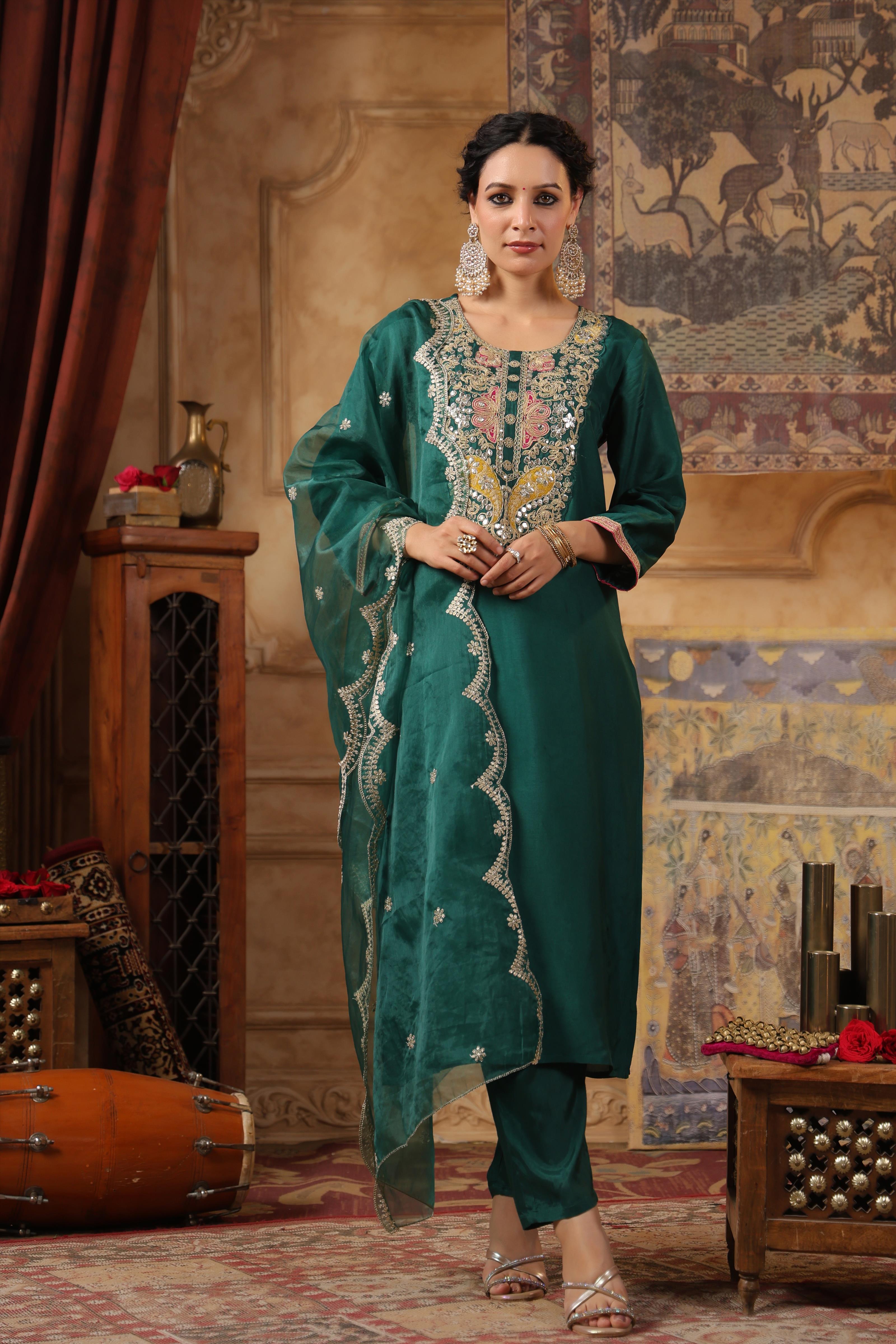 Dark Green Dupion Silk Embroidered Suit Set