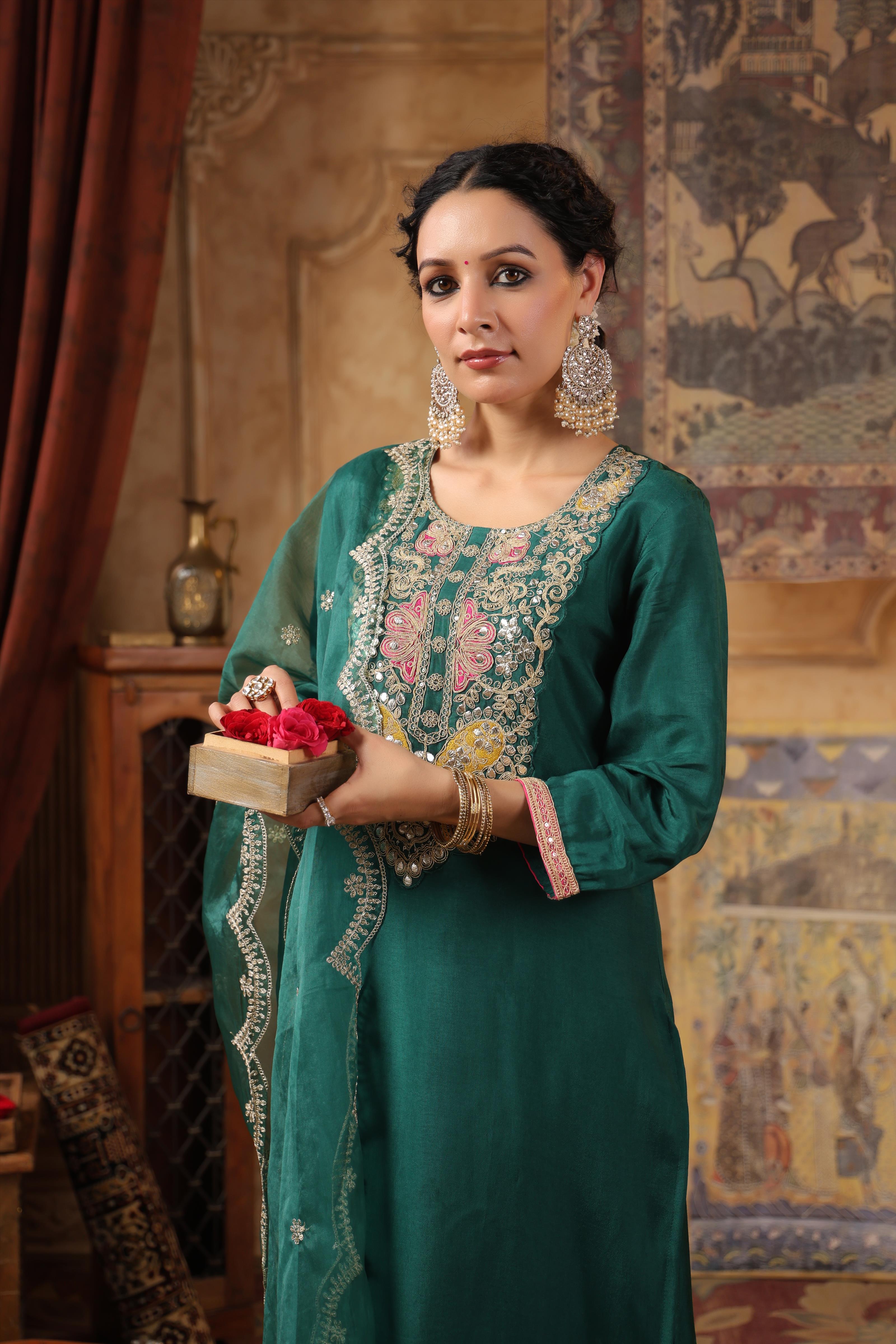 Dark Green Dupion Silk Embroidered Suit Set