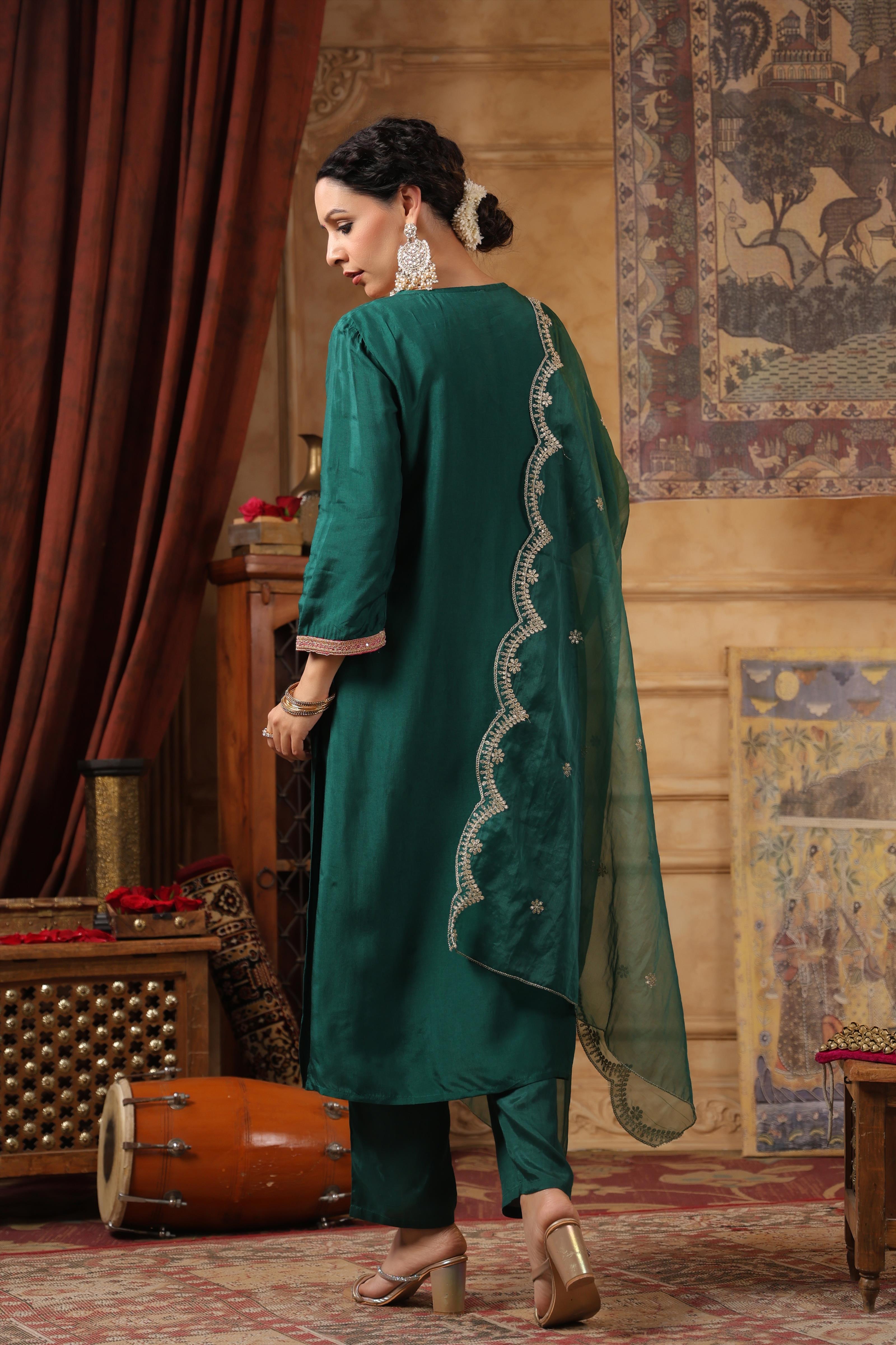 Dark Green Dupion Silk Embroidered Suit Set