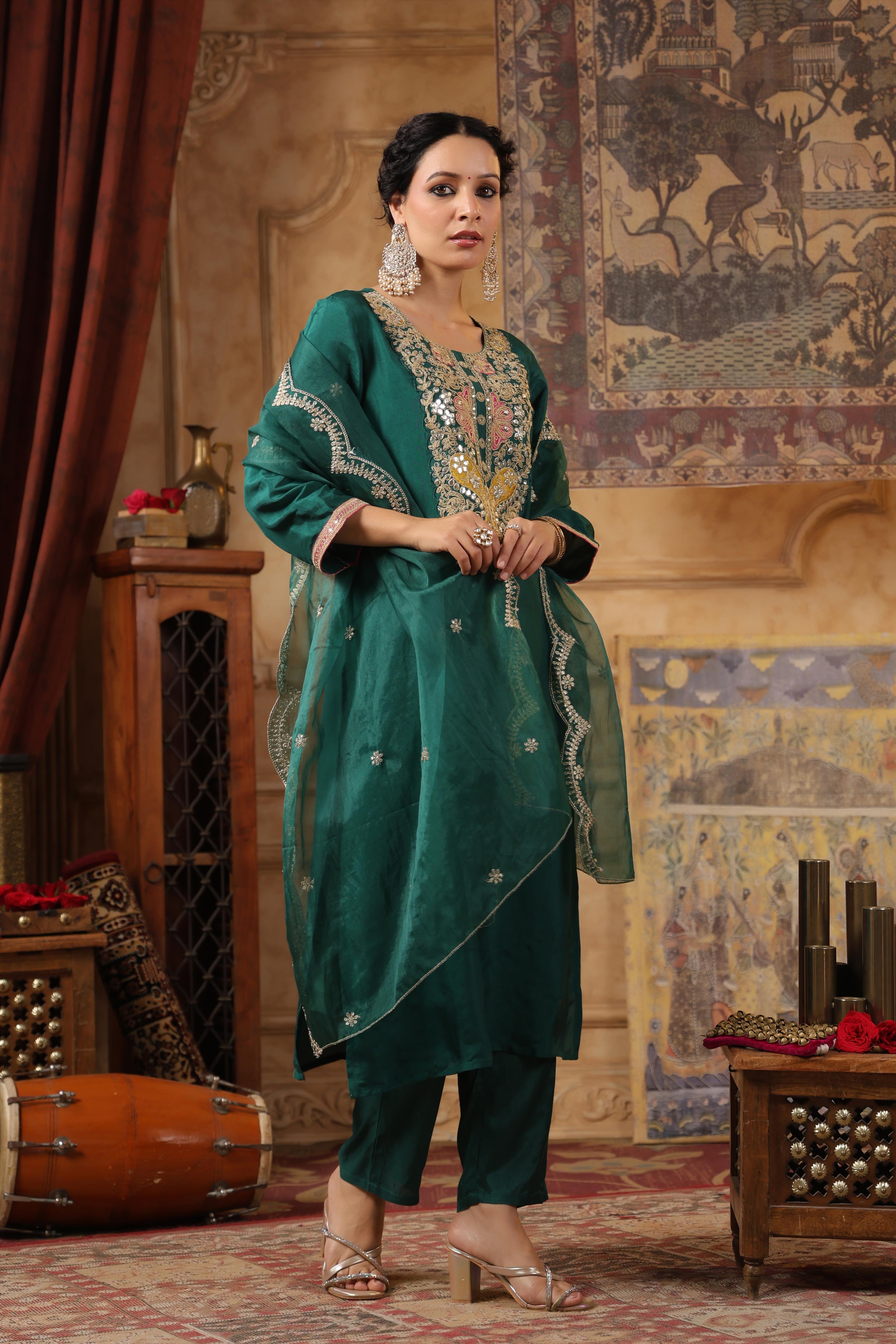 Dark Green Dupion Silk Embroidered Suit Set