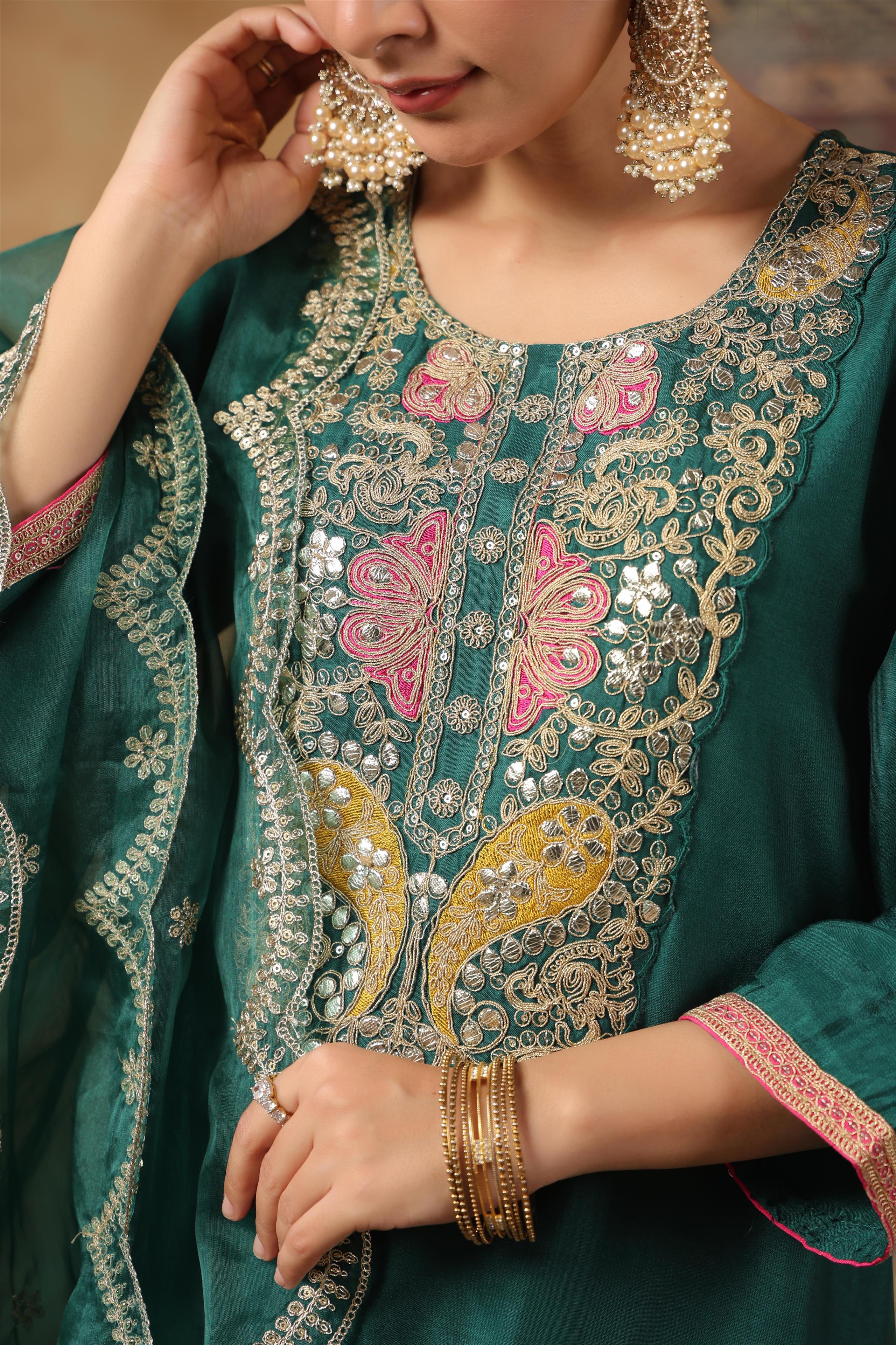 Dark Green Dupion Silk Embroidered Suit Set