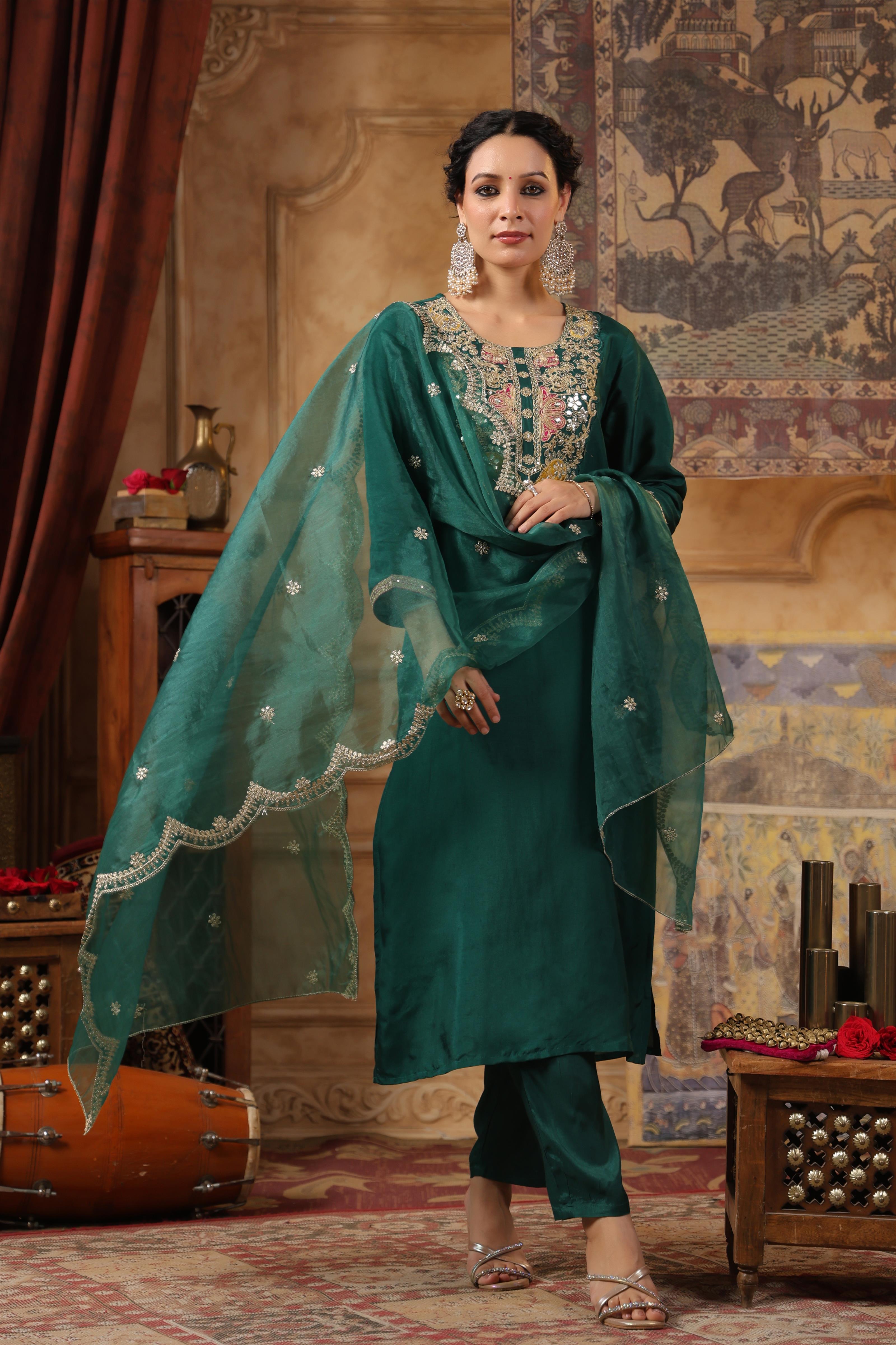 Dark Green Dupion Silk Embroidered Suit Set