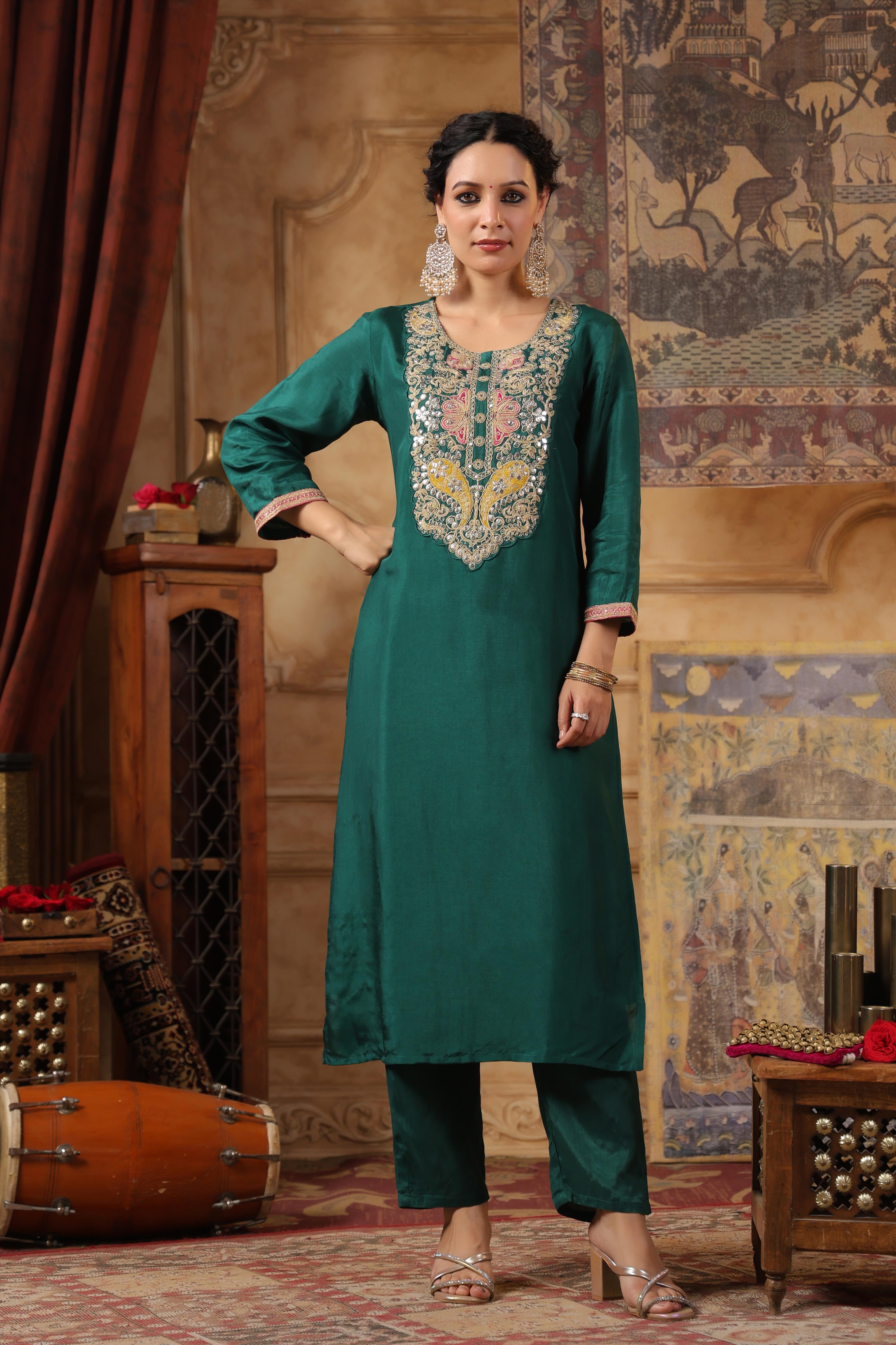 Dark Green Dupion Silk Embroidered Suit Set