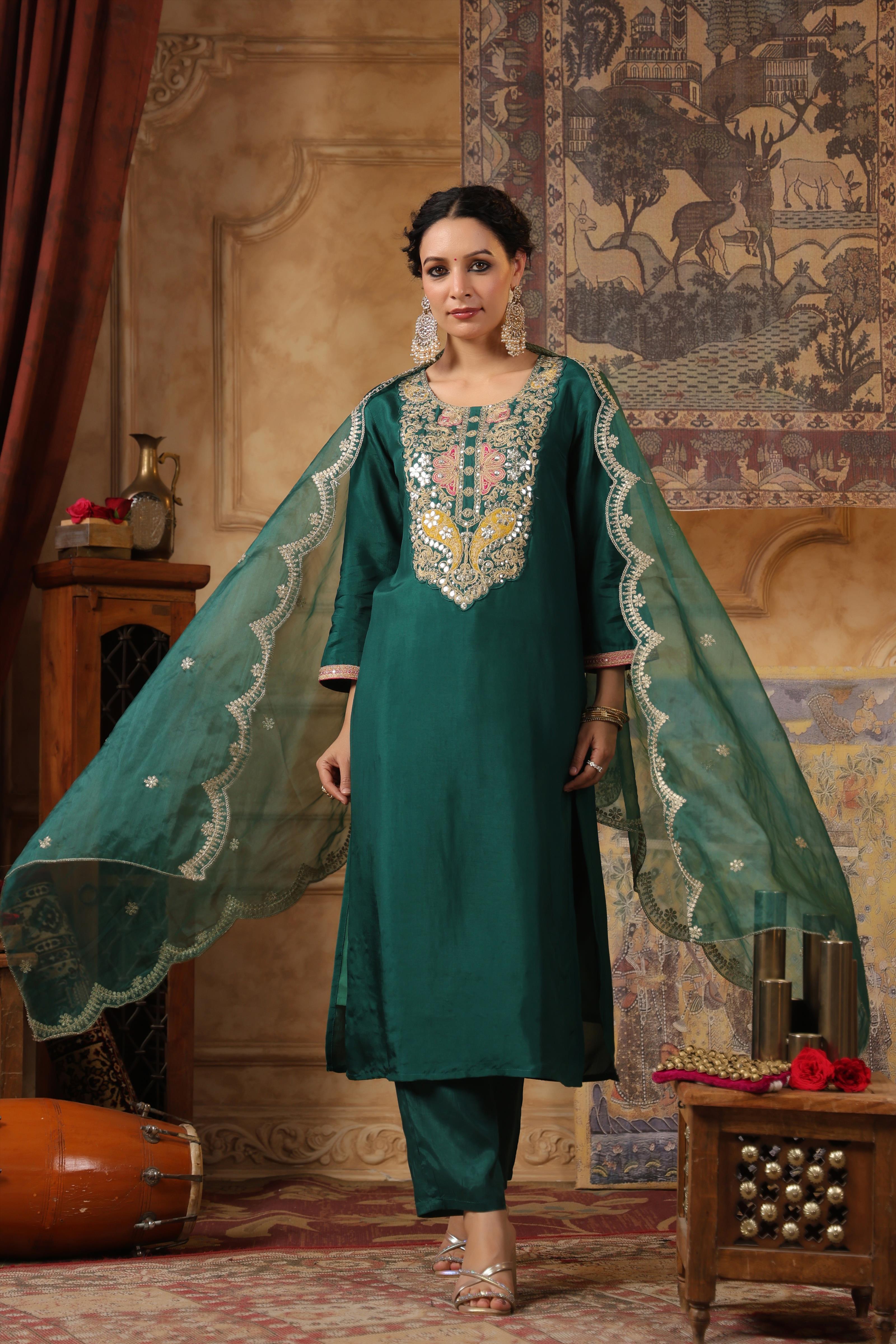 Dark Green Dupion Silk Embroidered Suit Set