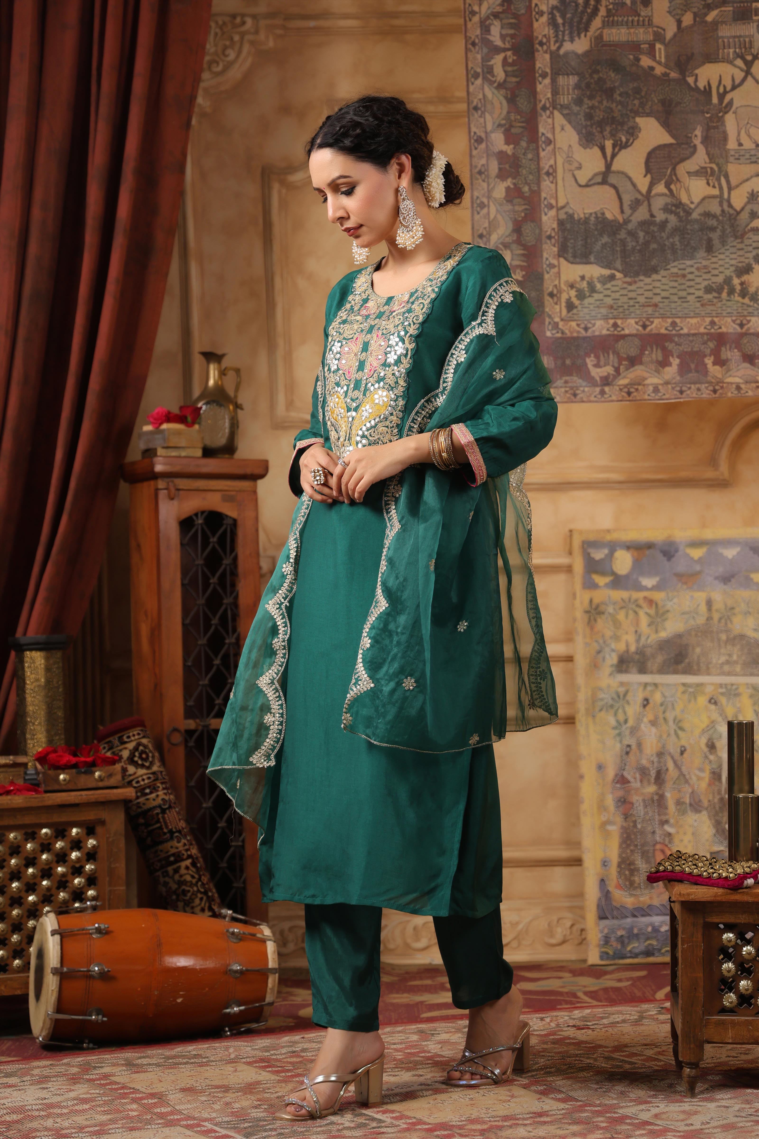 Dark Green Dupion Silk Embroidered Suit Set