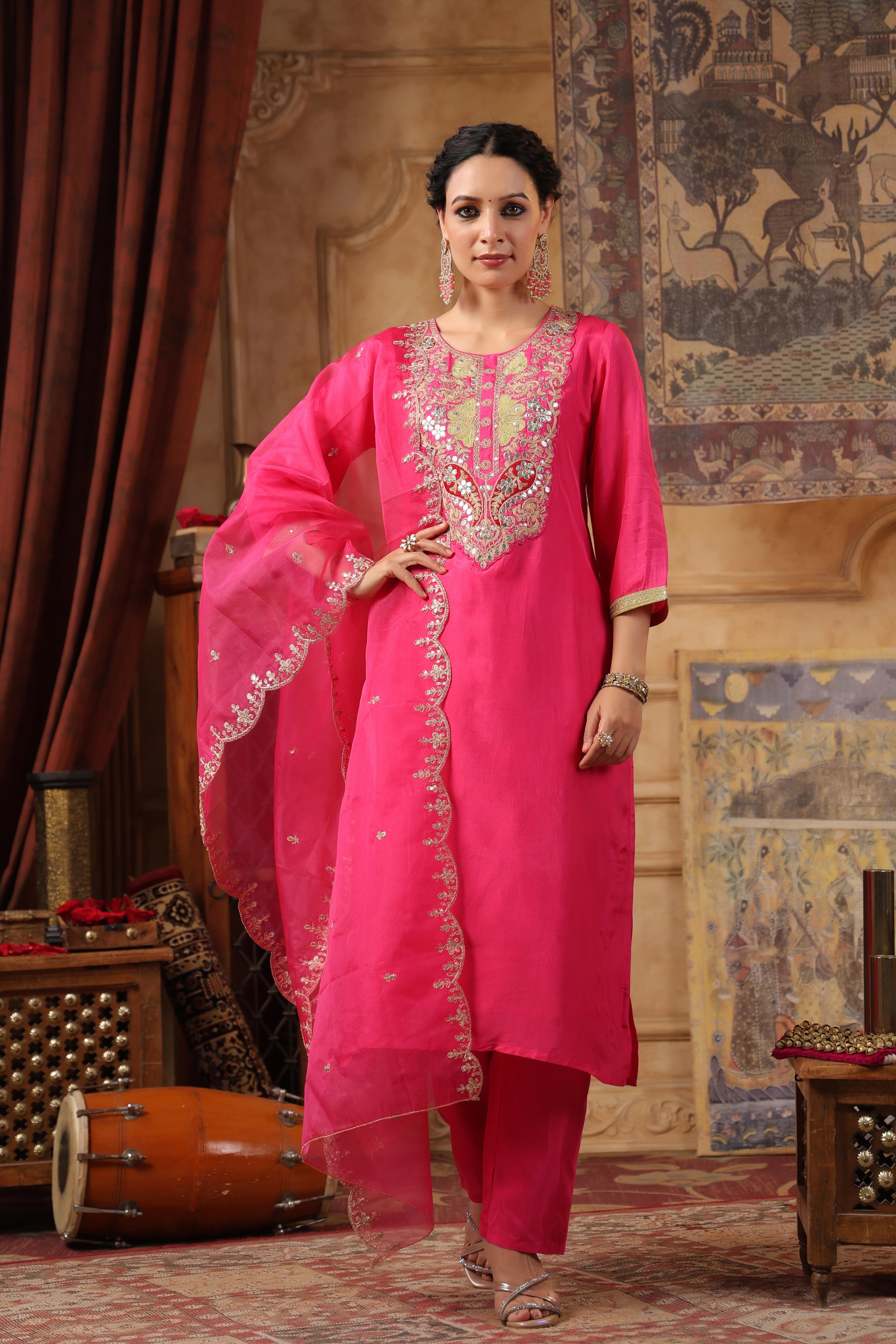 Pink Dupion Silk Embroidered Suit Set