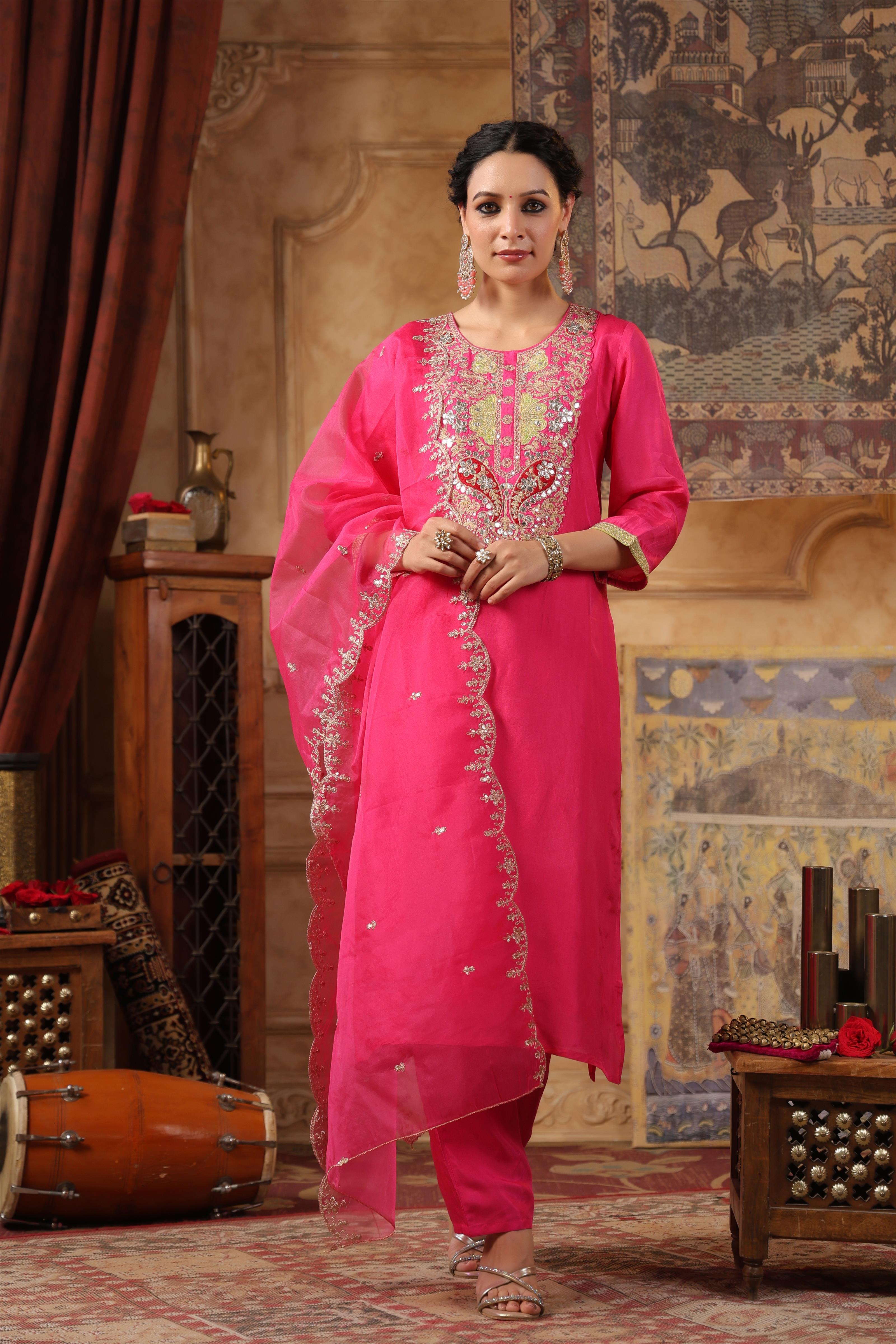 Pink Dupion Silk Embroidered Suit Set