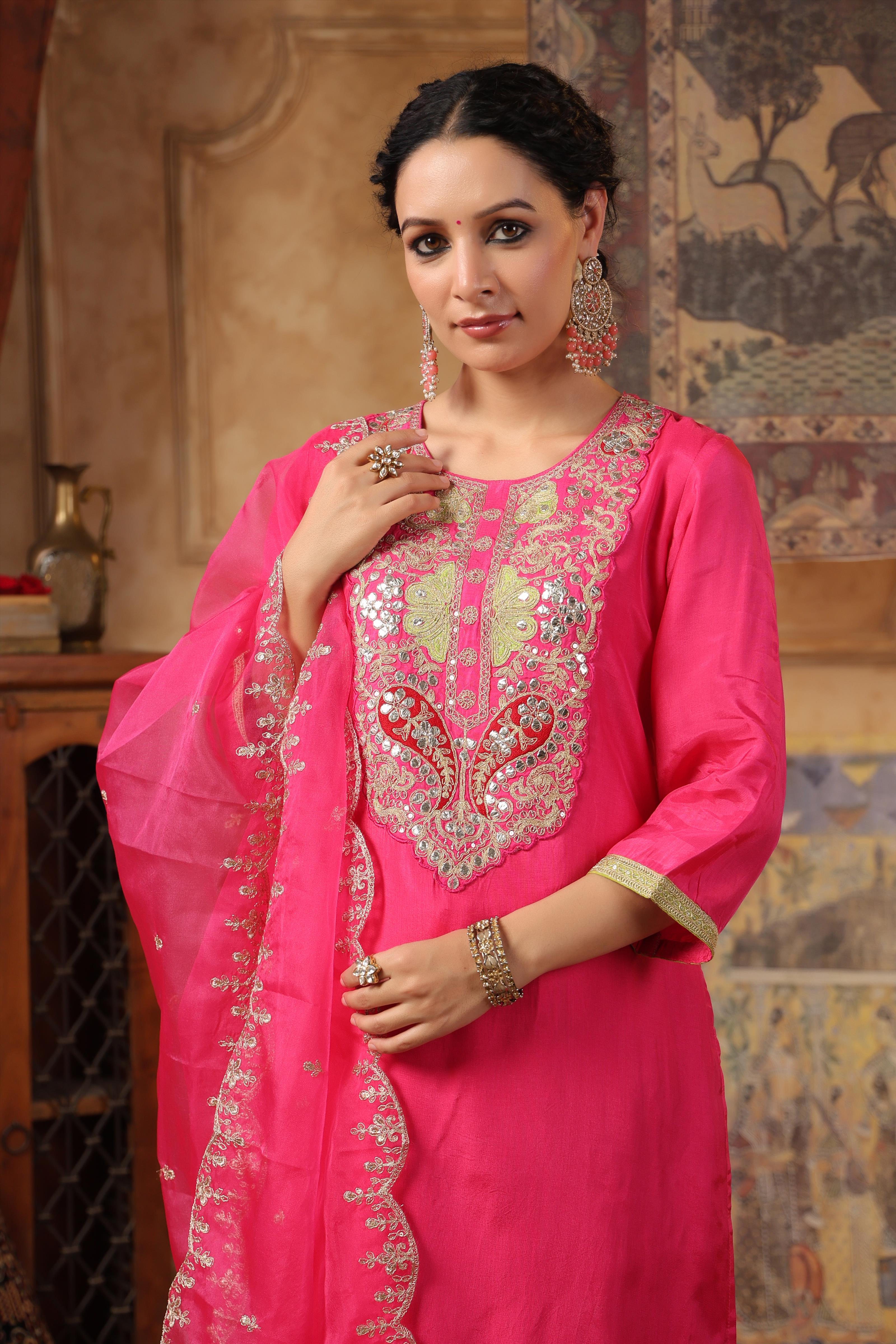 Pink Dupion Silk Embroidered Suit Set