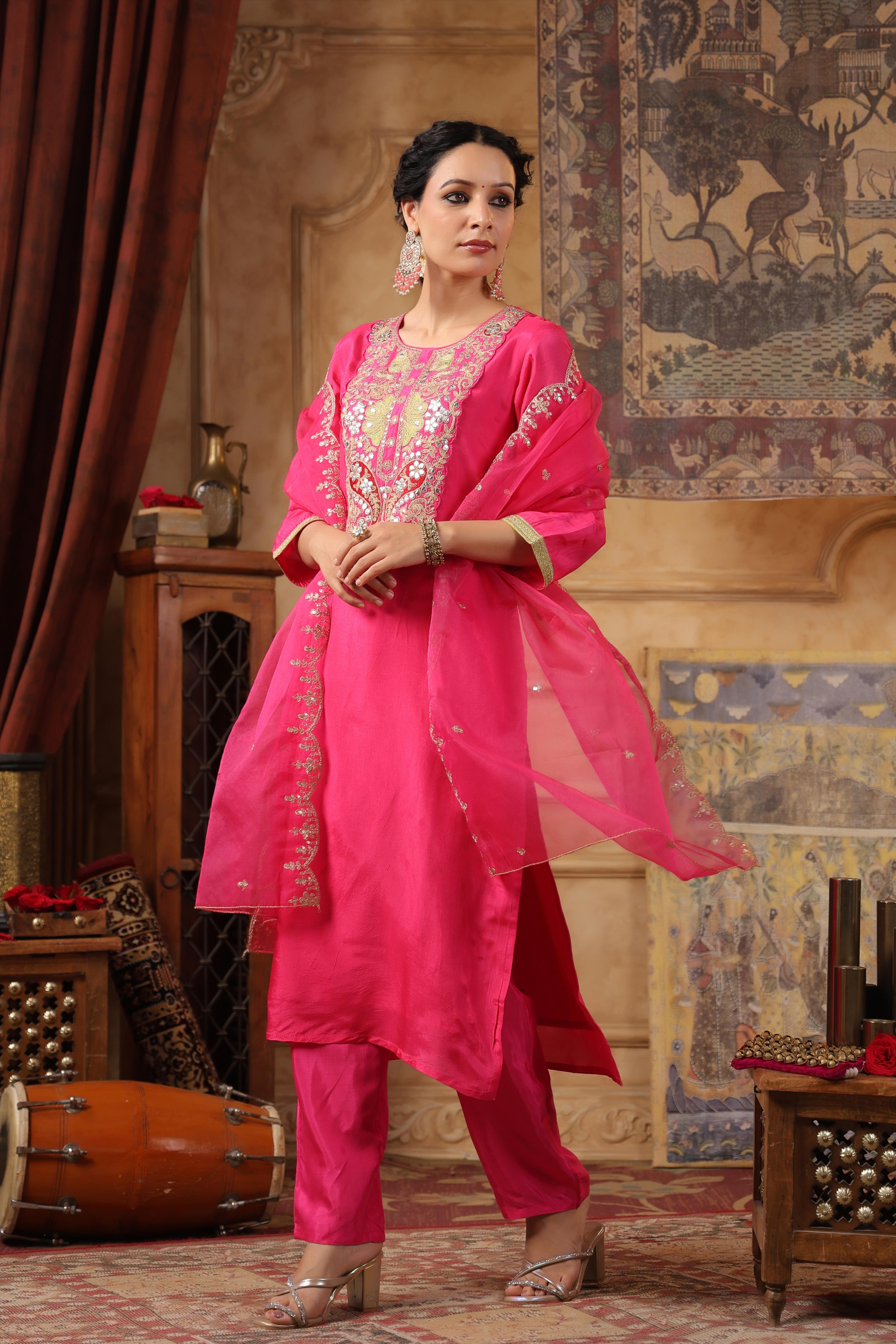 Pink Dupion Silk Embroidered Suit Set