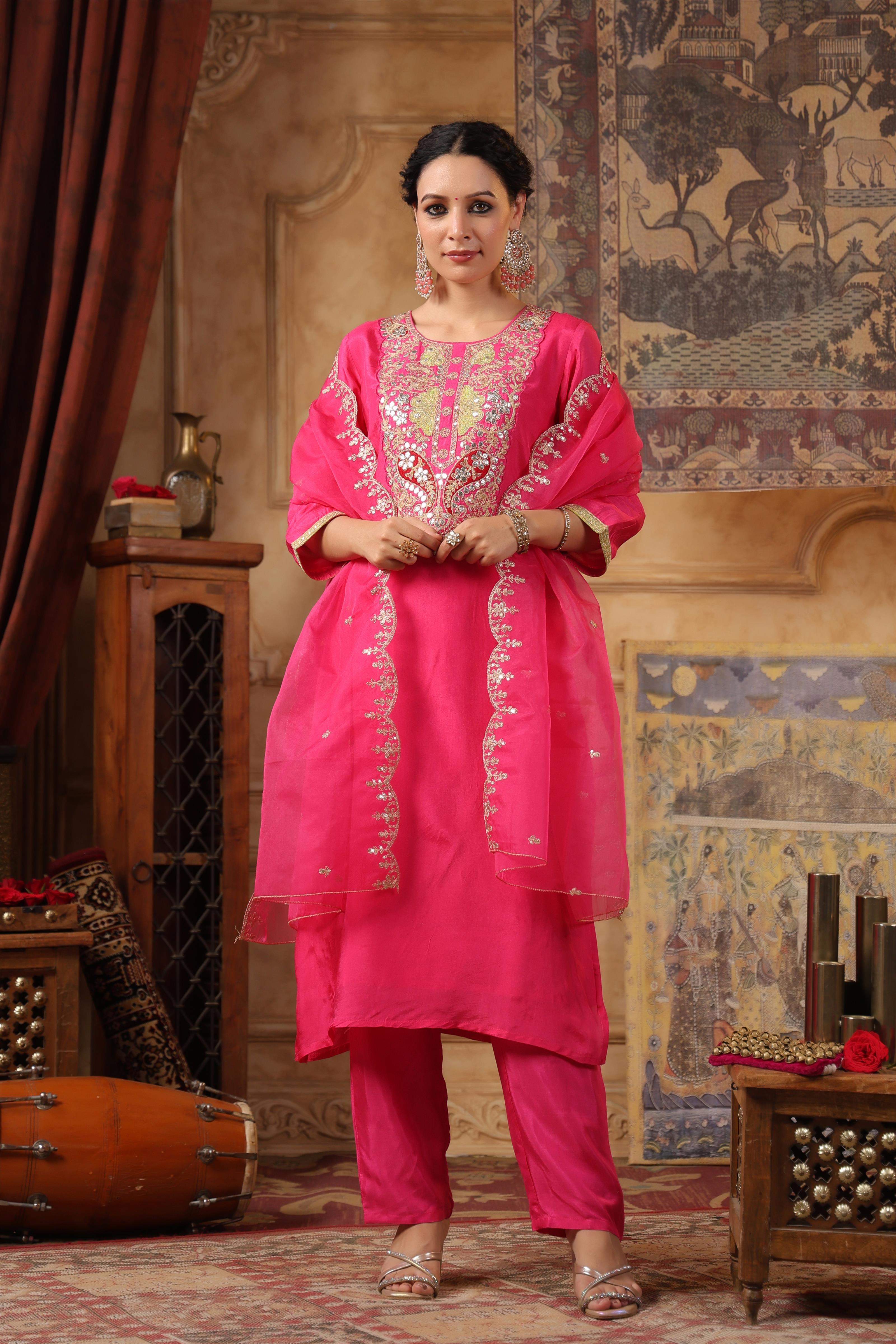 Pink Dupion Silk Embroidered Suit Set