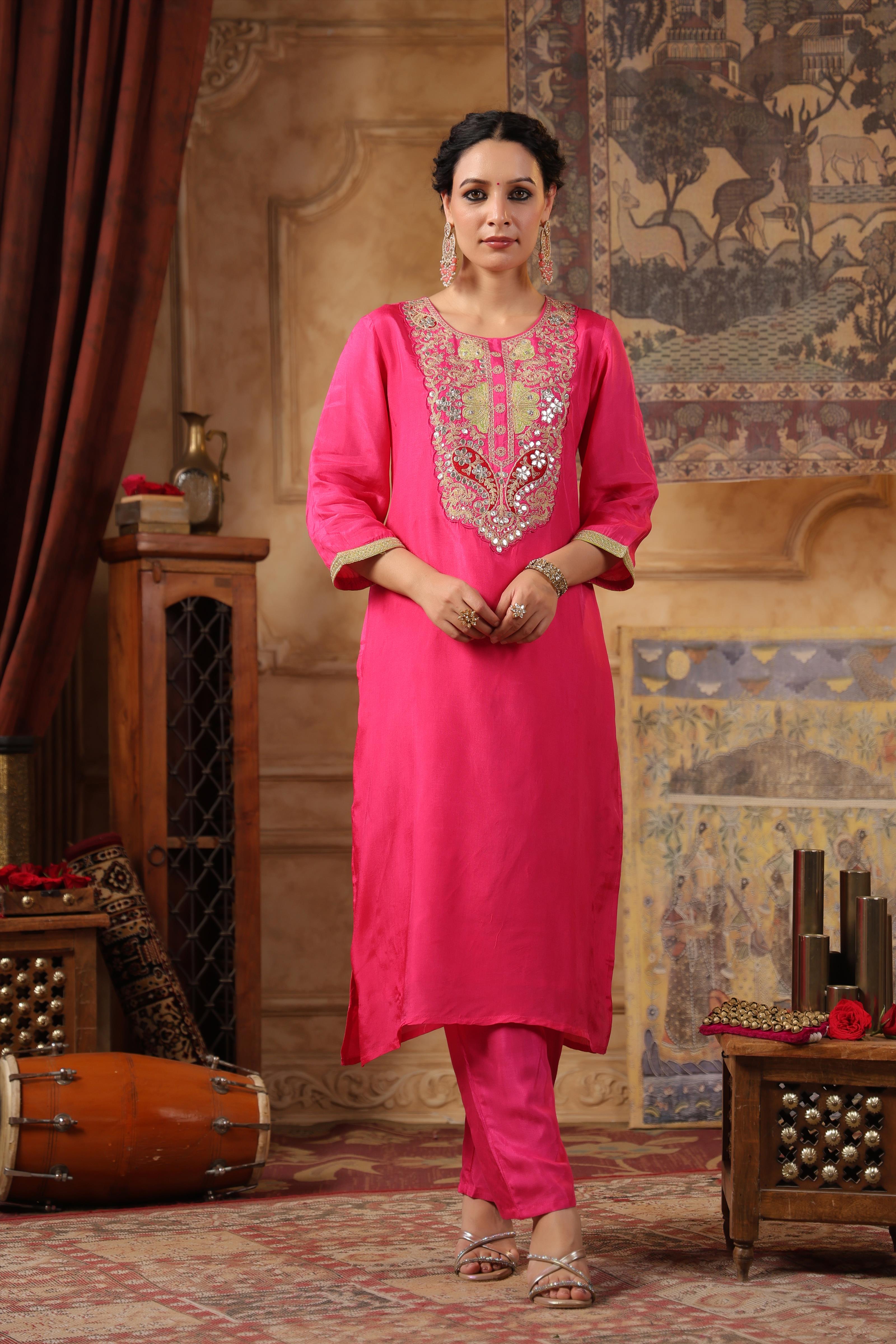 Pink Dupion Silk Embroidered Suit Set