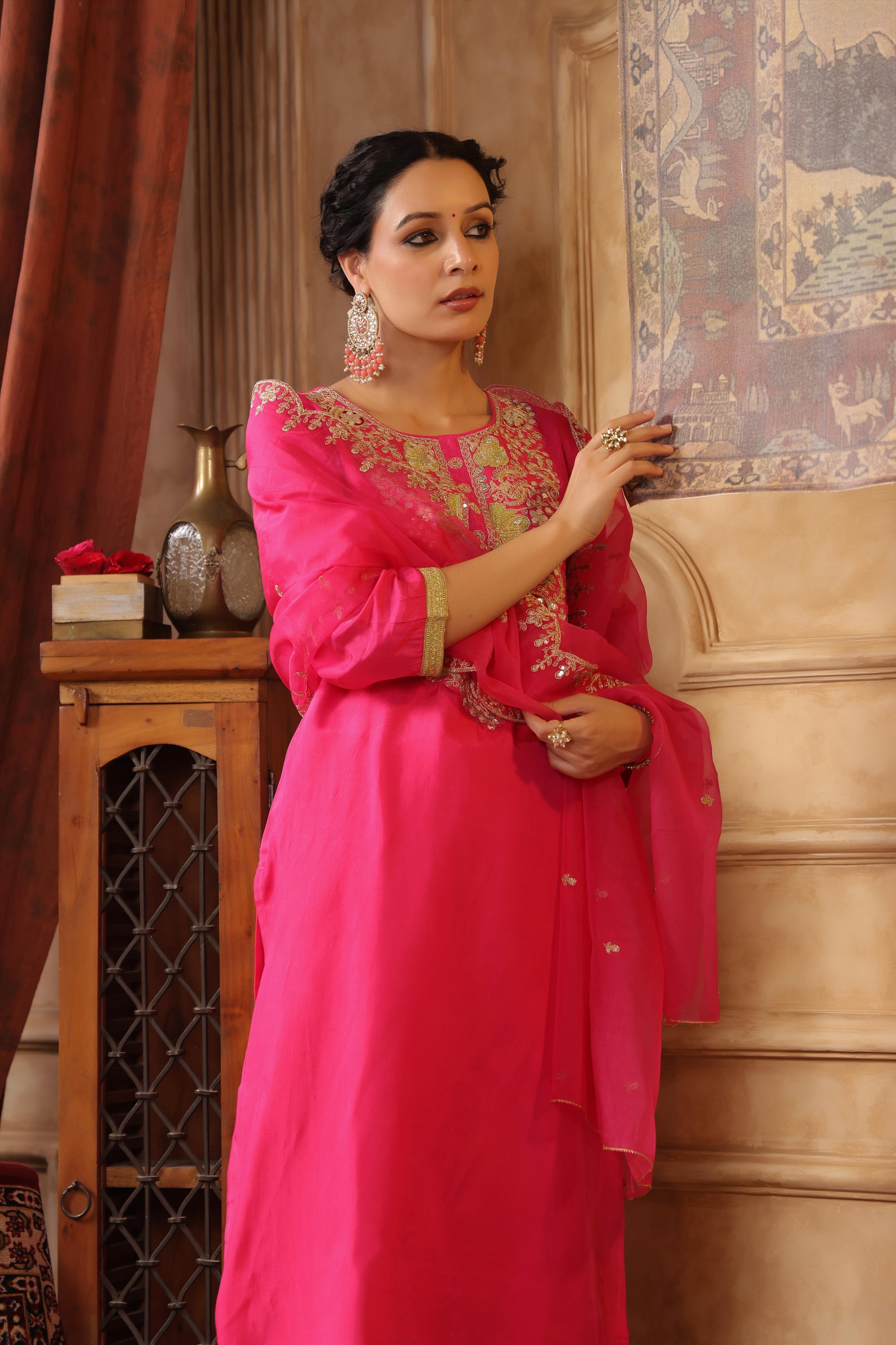 Pink Dupion Silk Embroidered Suit Set