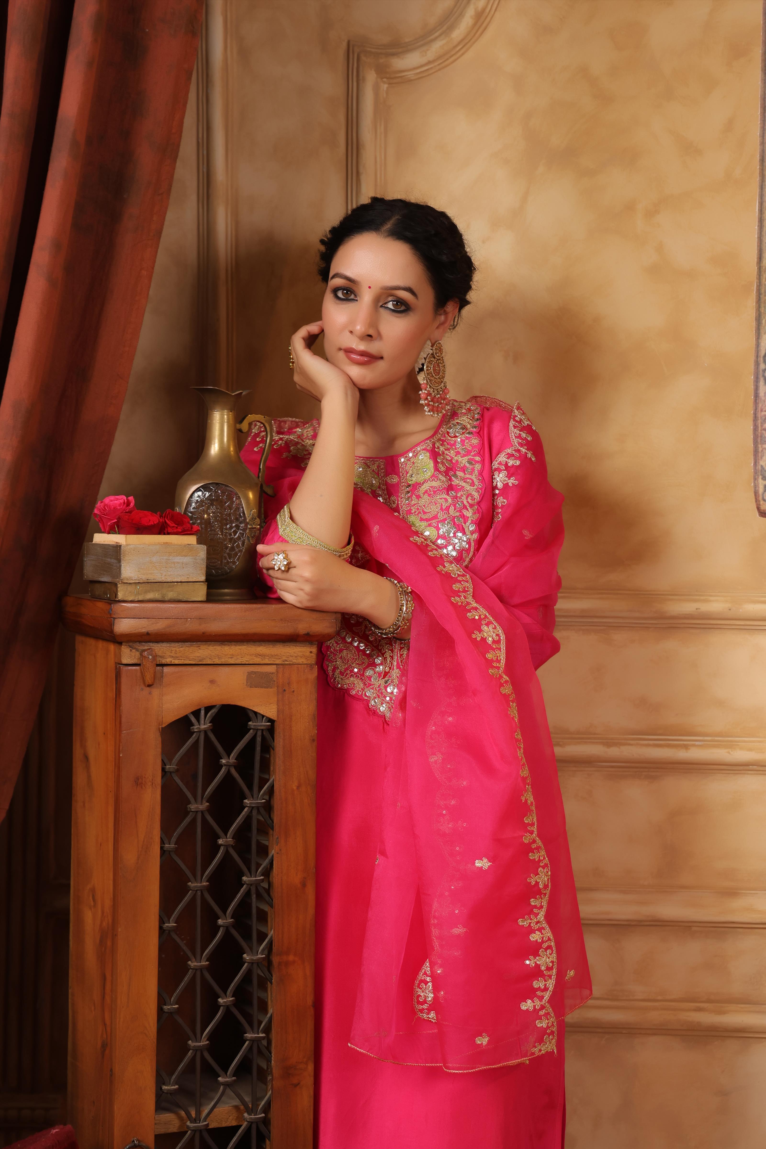 Pink Dupion Silk Embroidered Suit Set