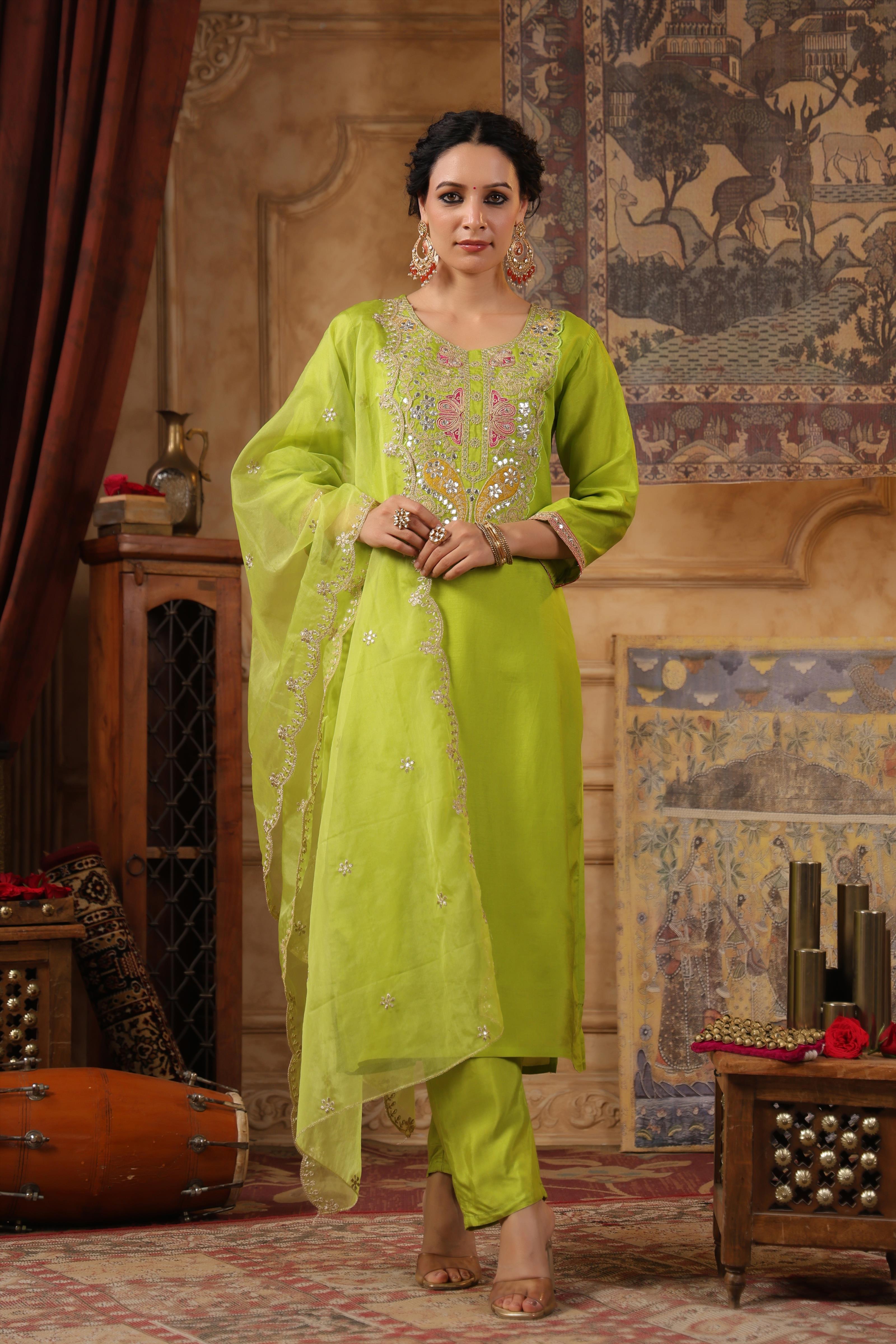 Lime Green Dupion Silk Embroidered Suit Set