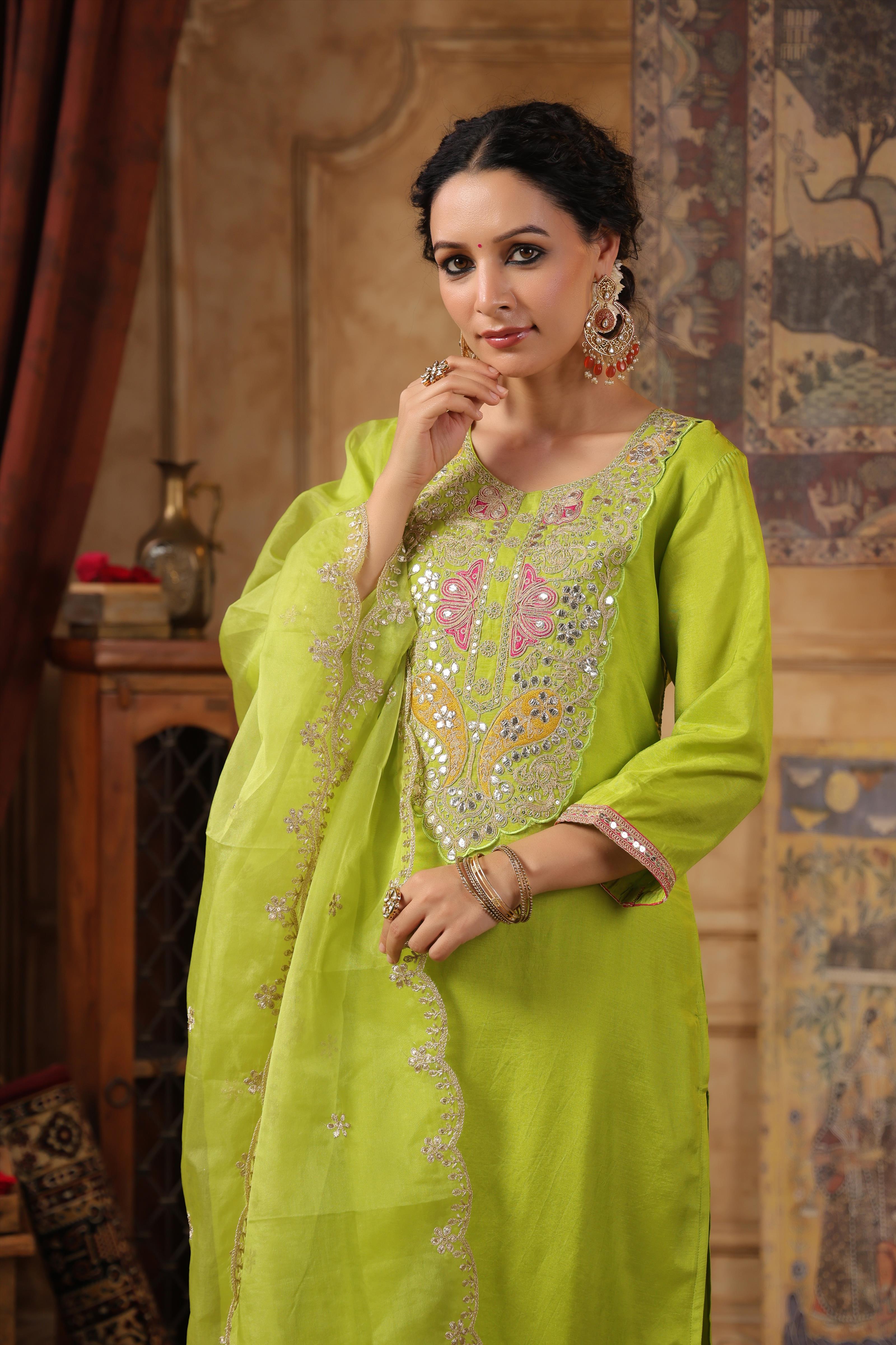 Lime Green Dupion Silk Embroidered Suit Set