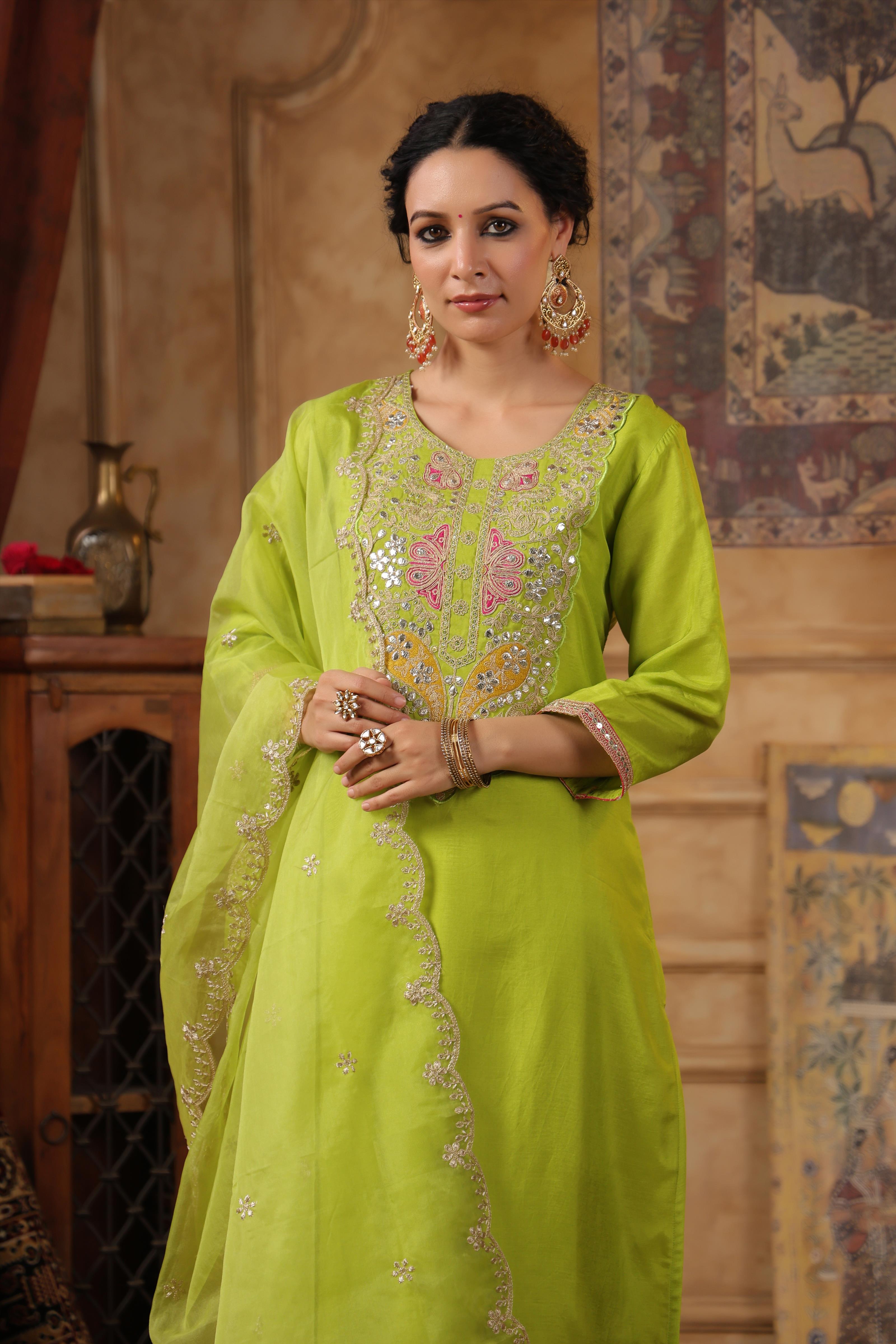 Lime Green Dupion Silk Embroidered Suit Set