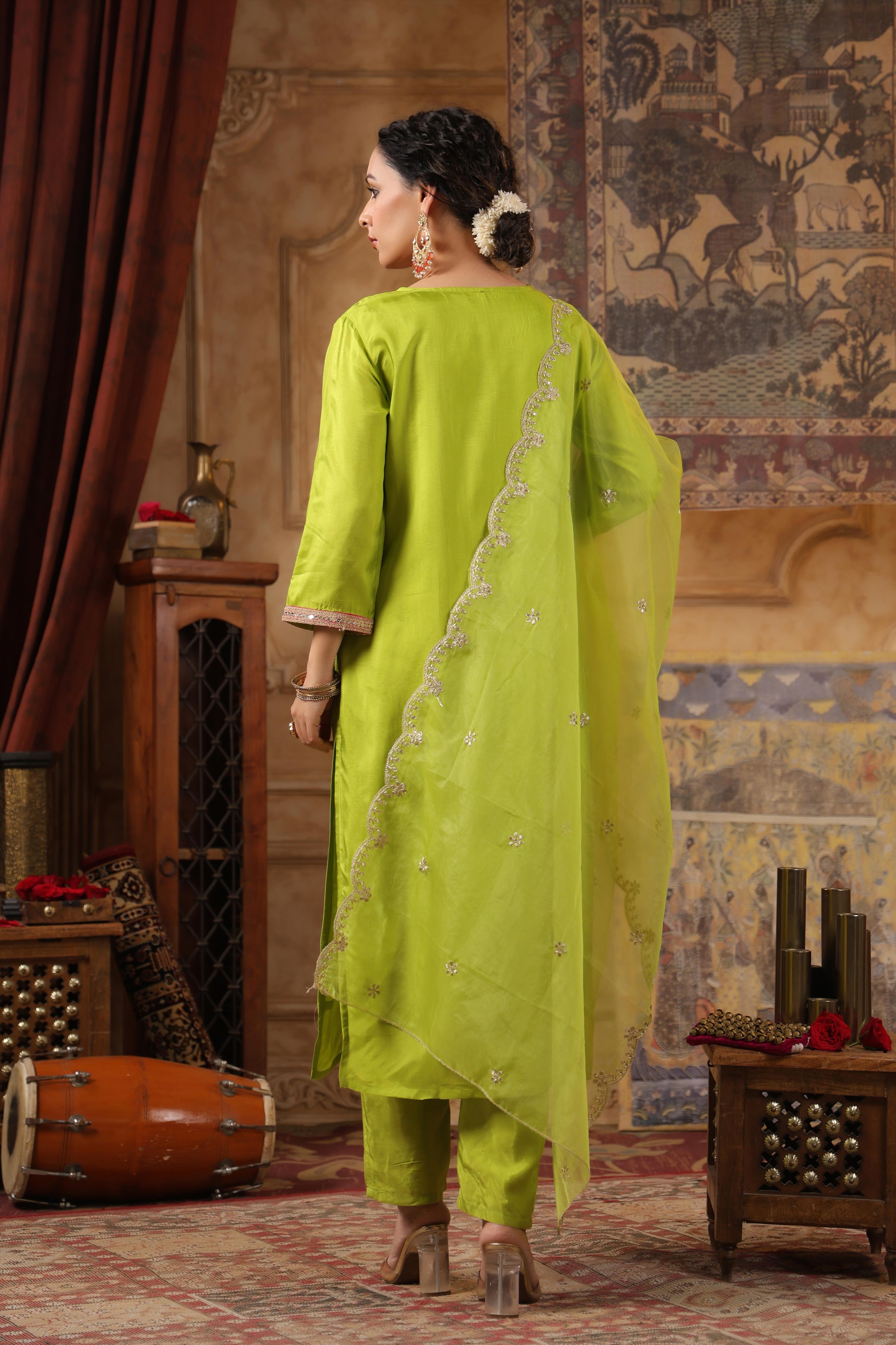 Lime Green Dupion Silk Embroidered Suit Set