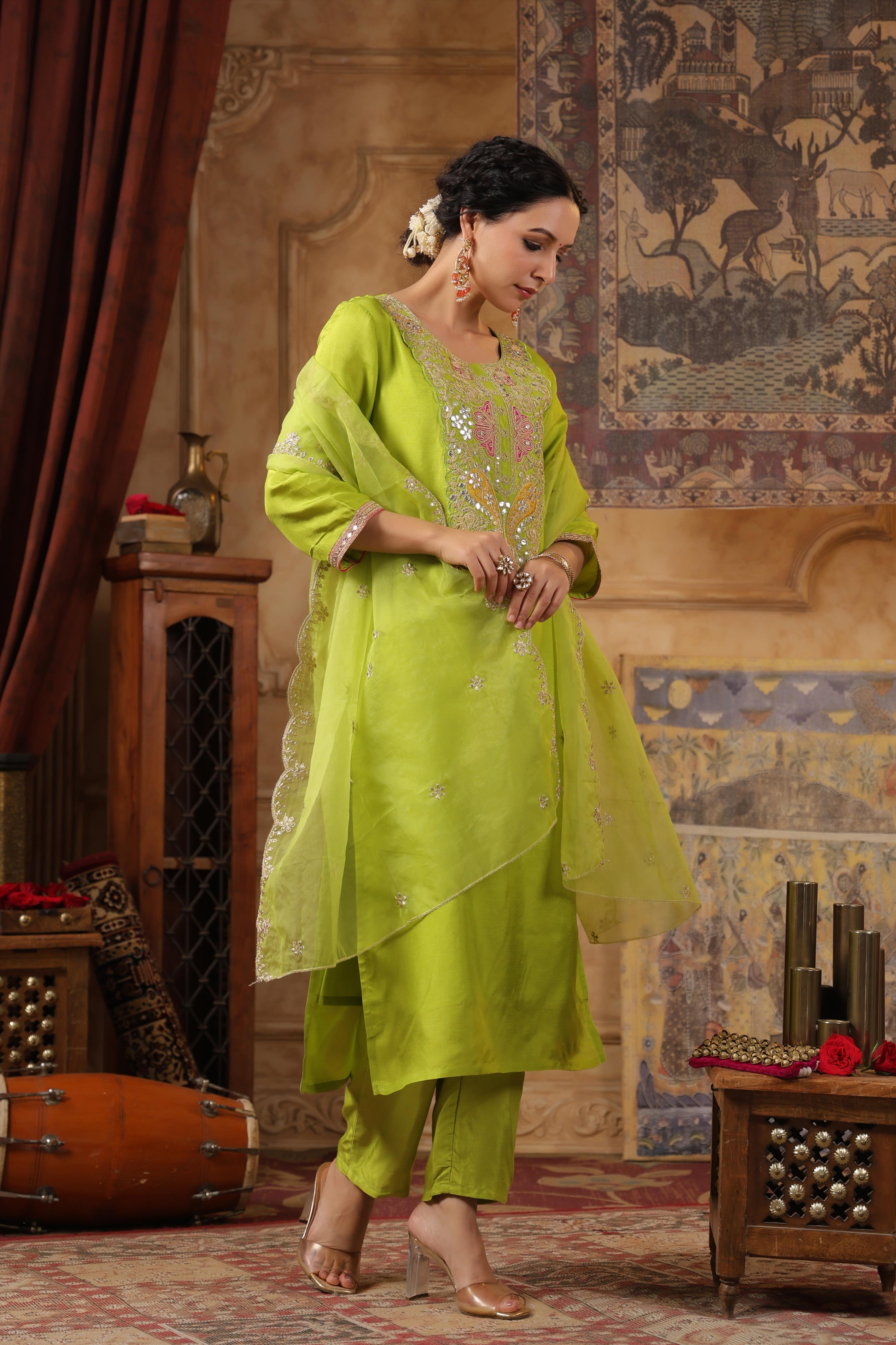 Lime Green Dupion Silk Embroidered Suit Set