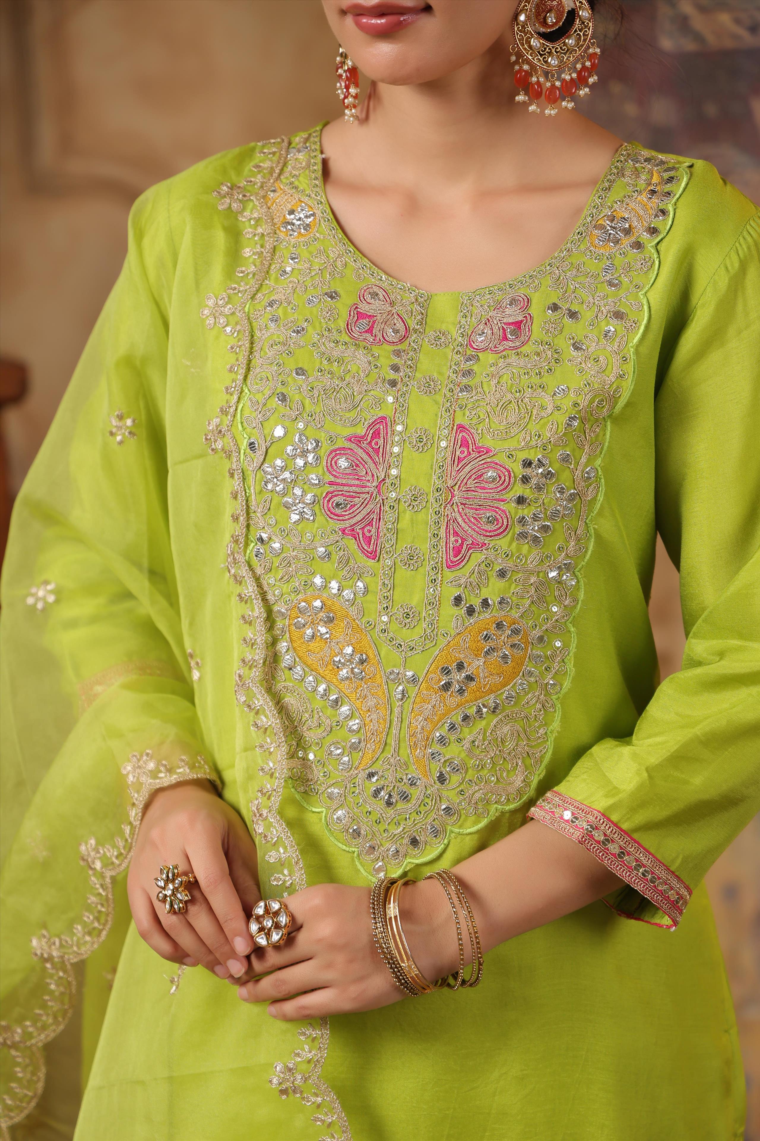 Lime Green Dupion Silk Embroidered Suit Set