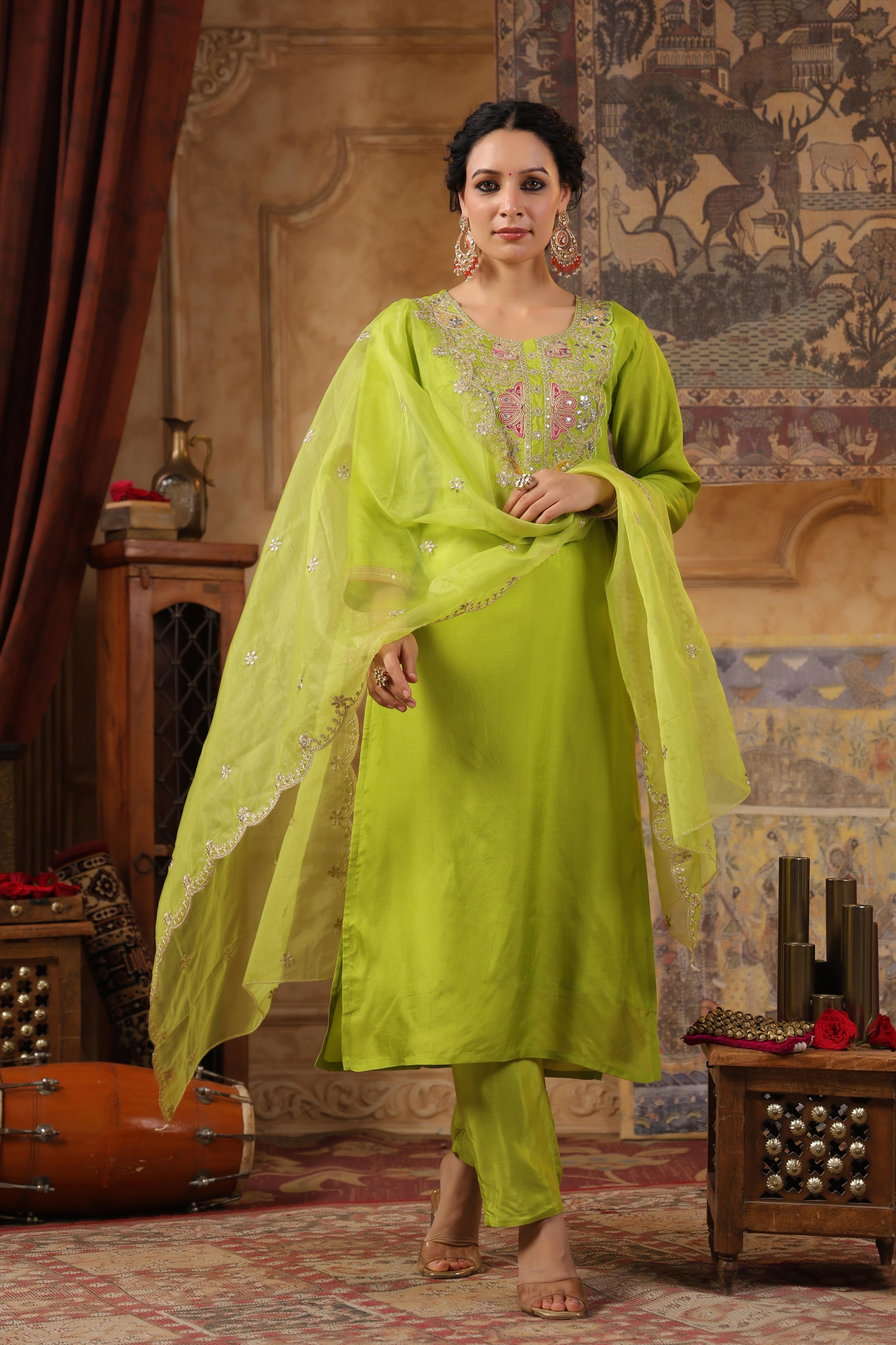 Lime Green Dupion Silk Embroidered Suit Set