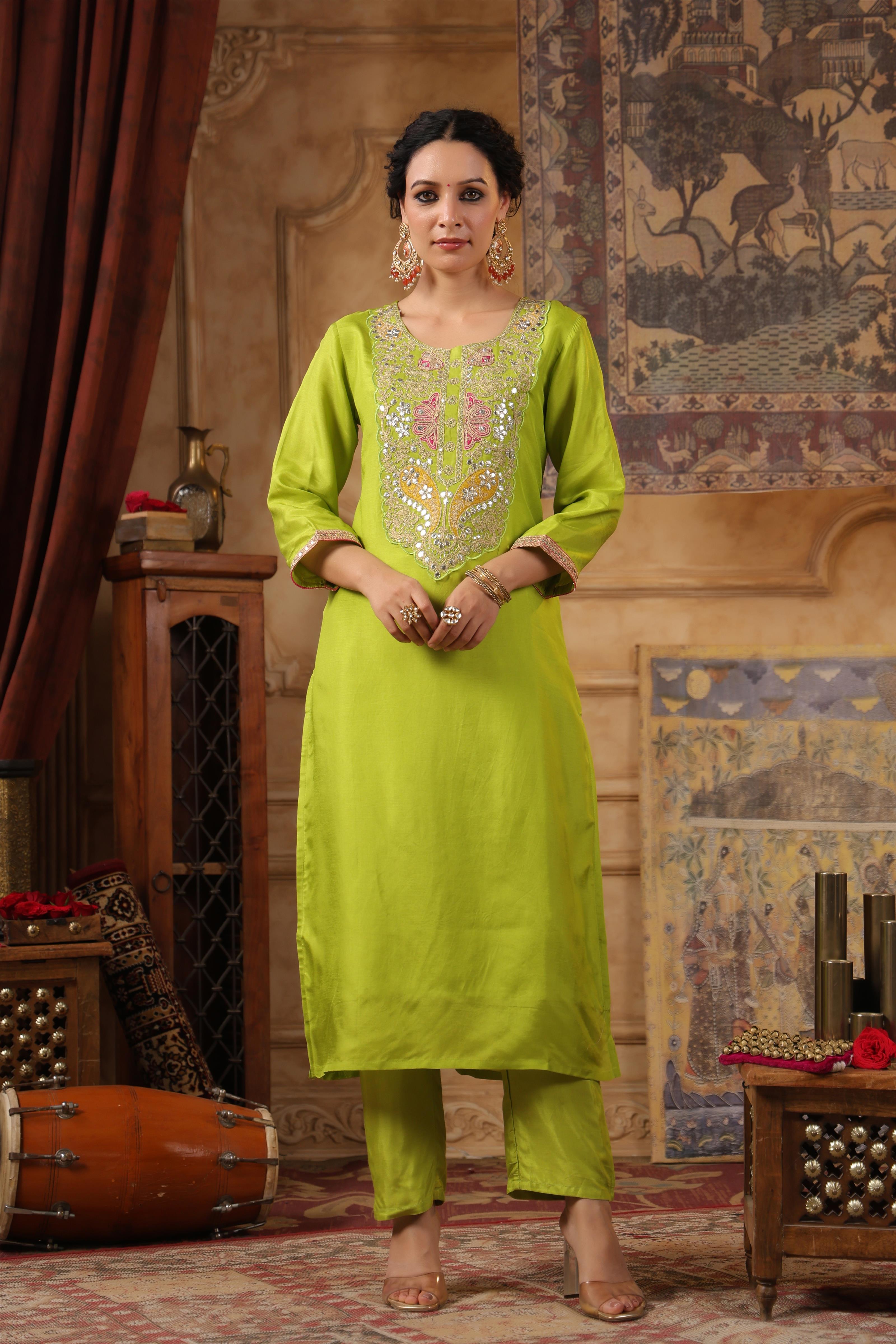 Lime Green Dupion Silk Embroidered Suit Set