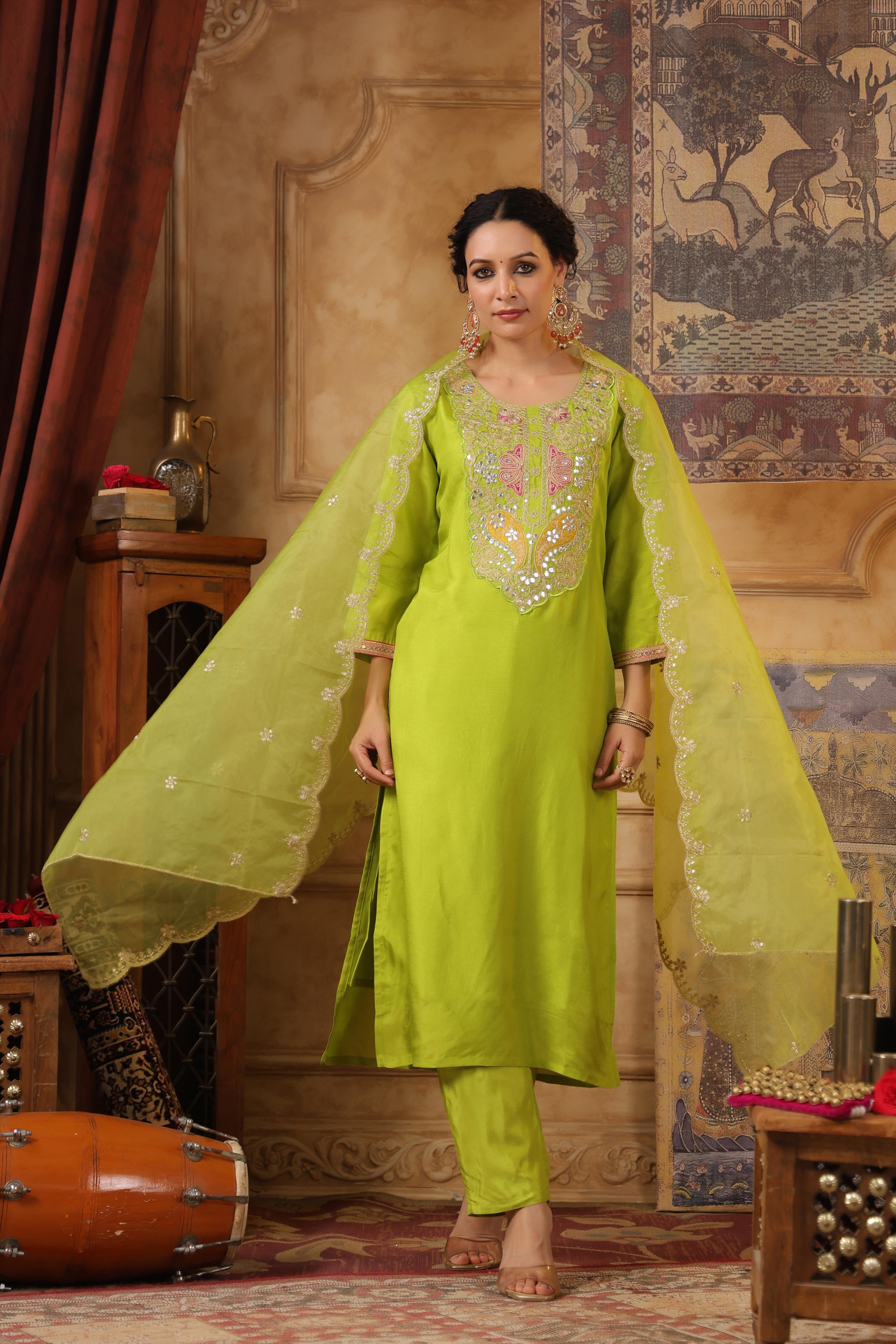 Lime Green Dupion Silk Embroidered Suit Set