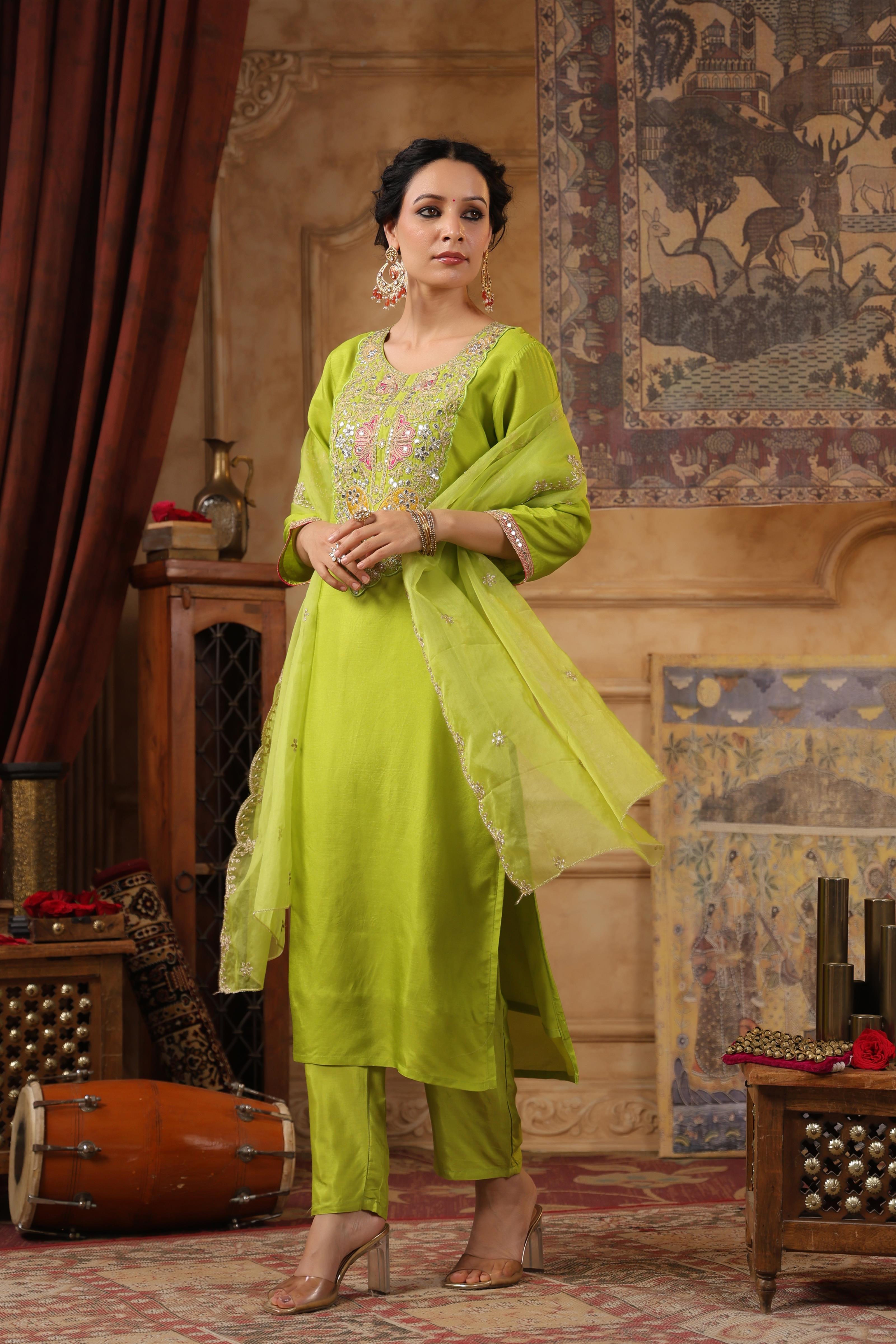 Lime Green Dupion Silk Embroidered Suit Set