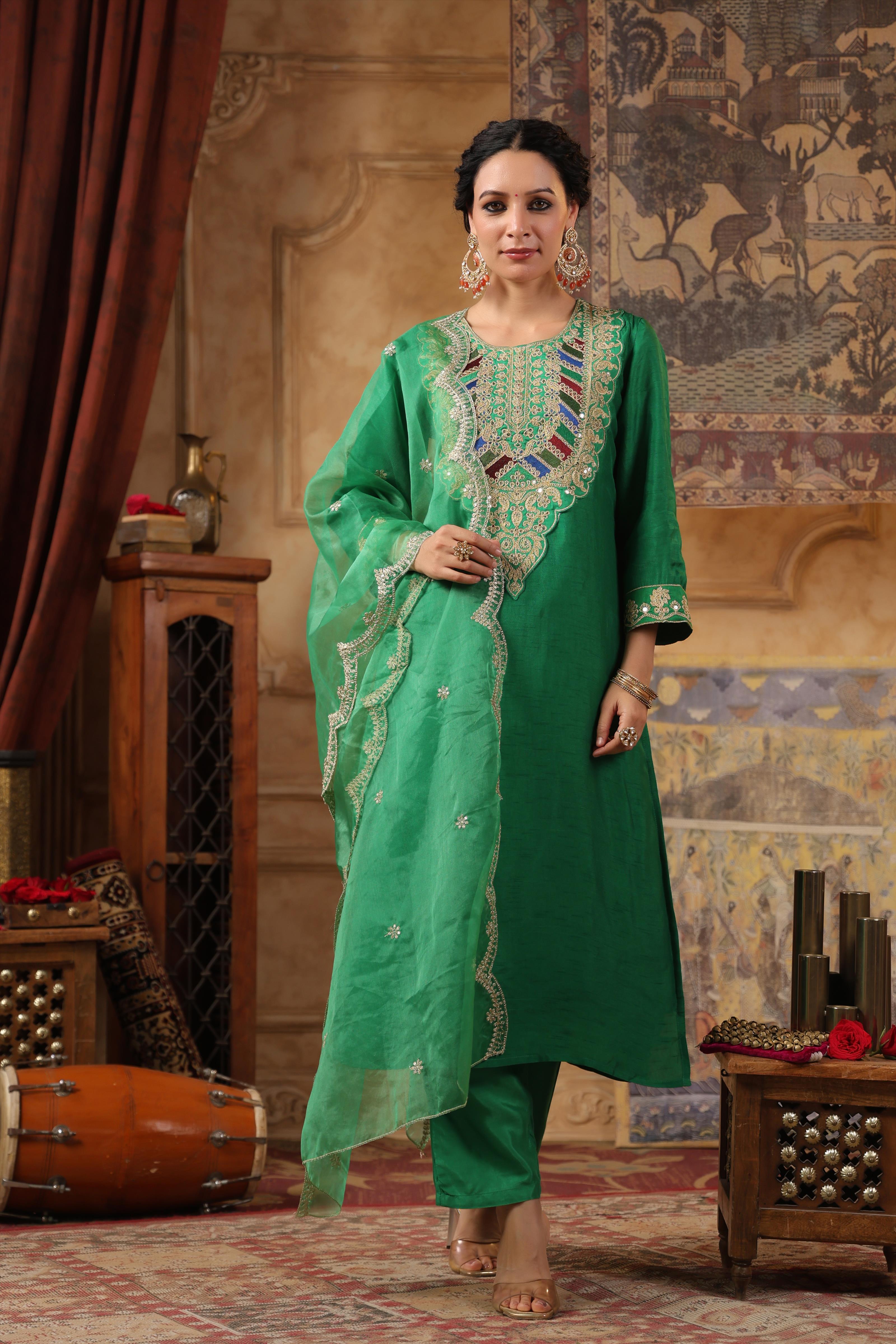 Green Dupion Silk Dori-Sequin Work Suit Set