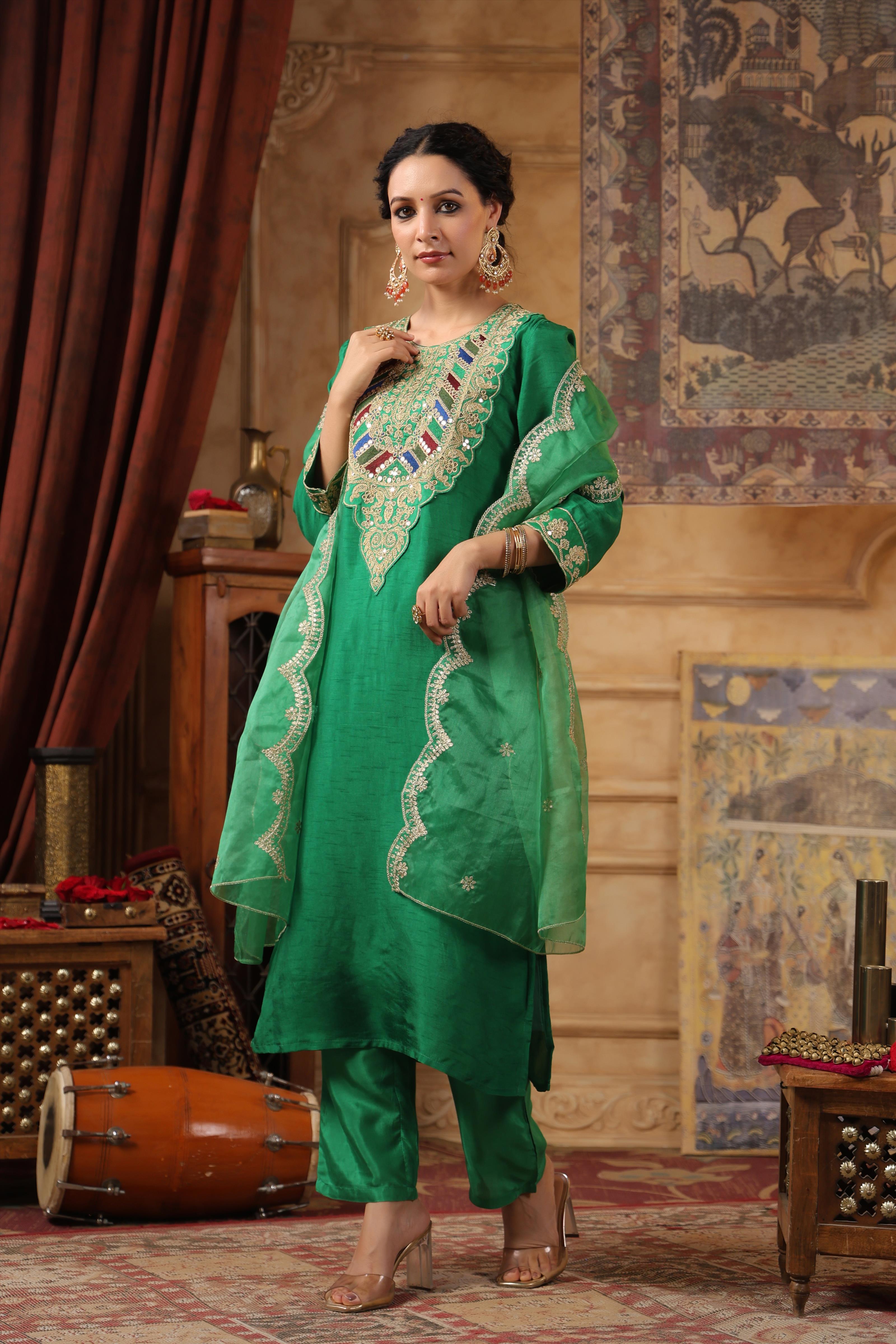 Green Dupion Silk Dori-Sequin Work Suit Set