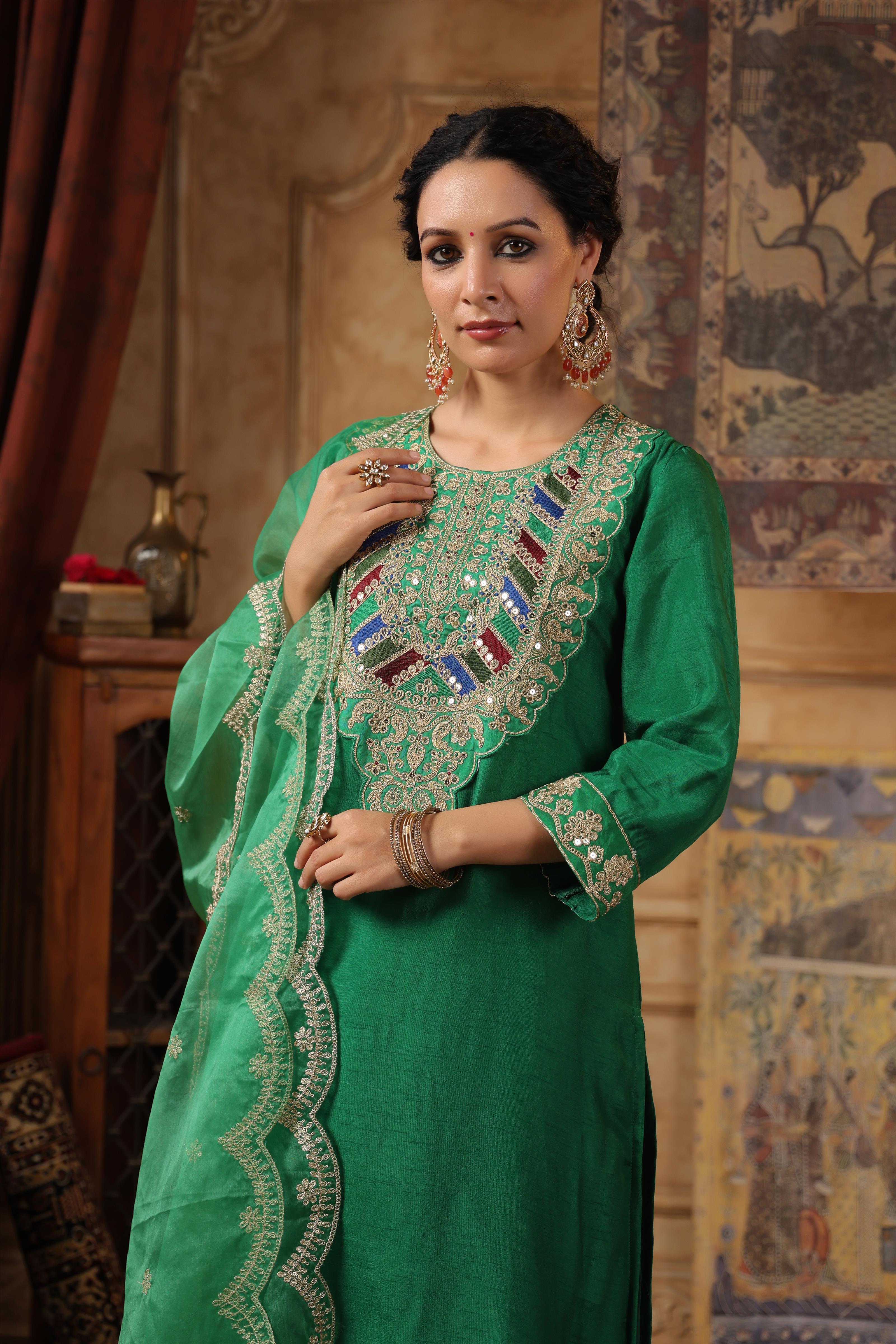 Green Dupion Silk Dori-Sequin Work Suit Set