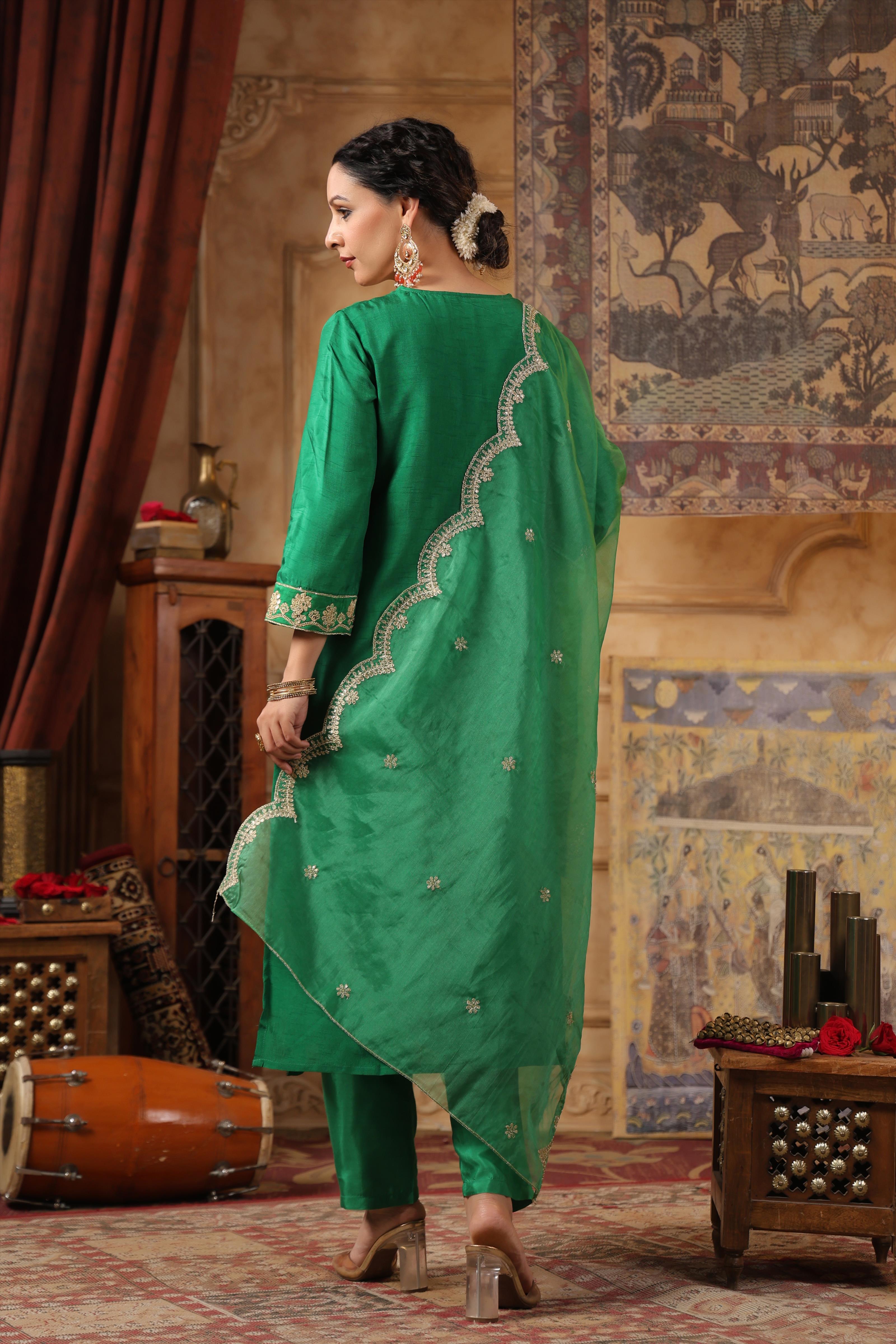 Green Dupion Silk Dori-Sequin Work Suit Set