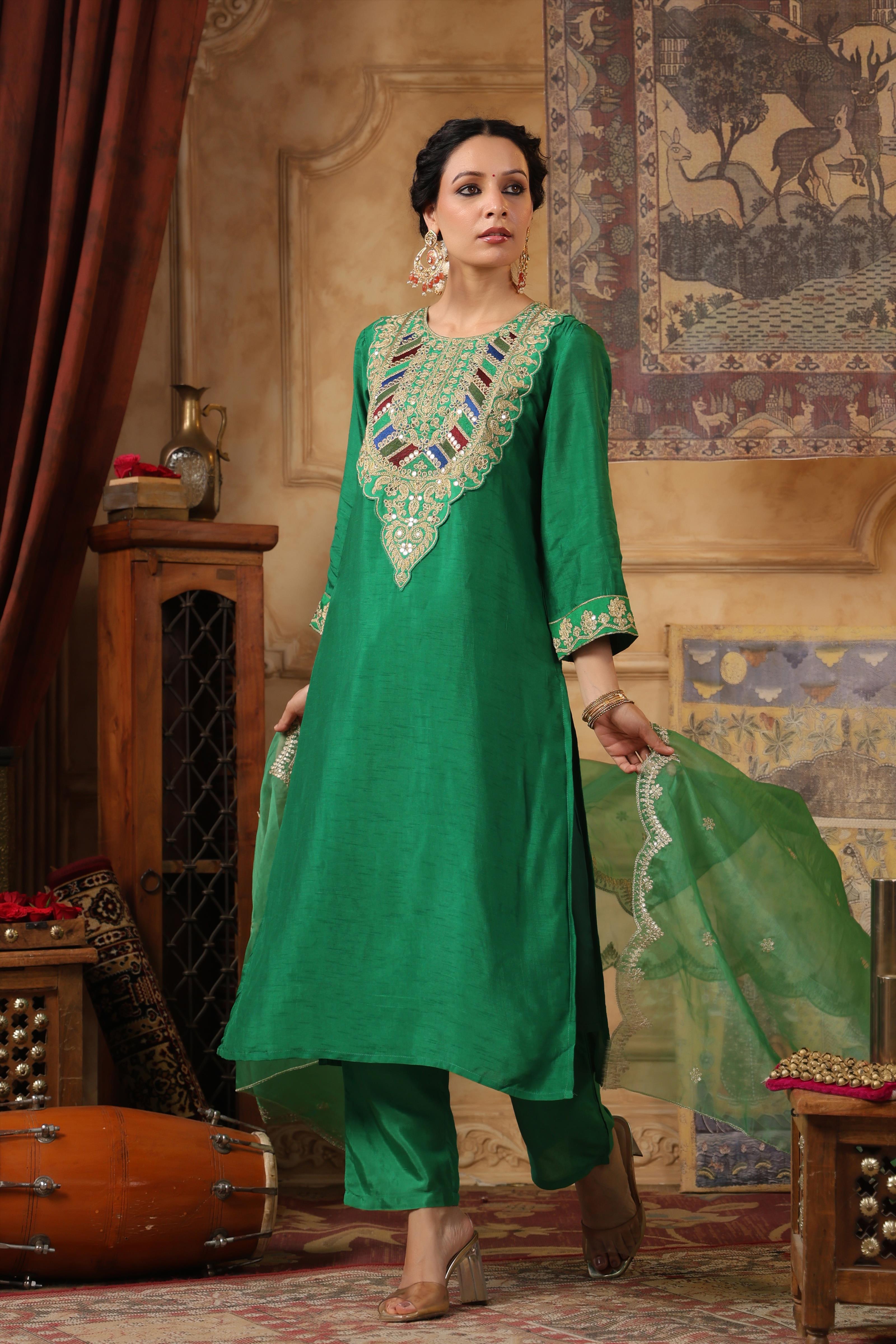 Green Dupion Silk Dori-Sequin Work Suit Set