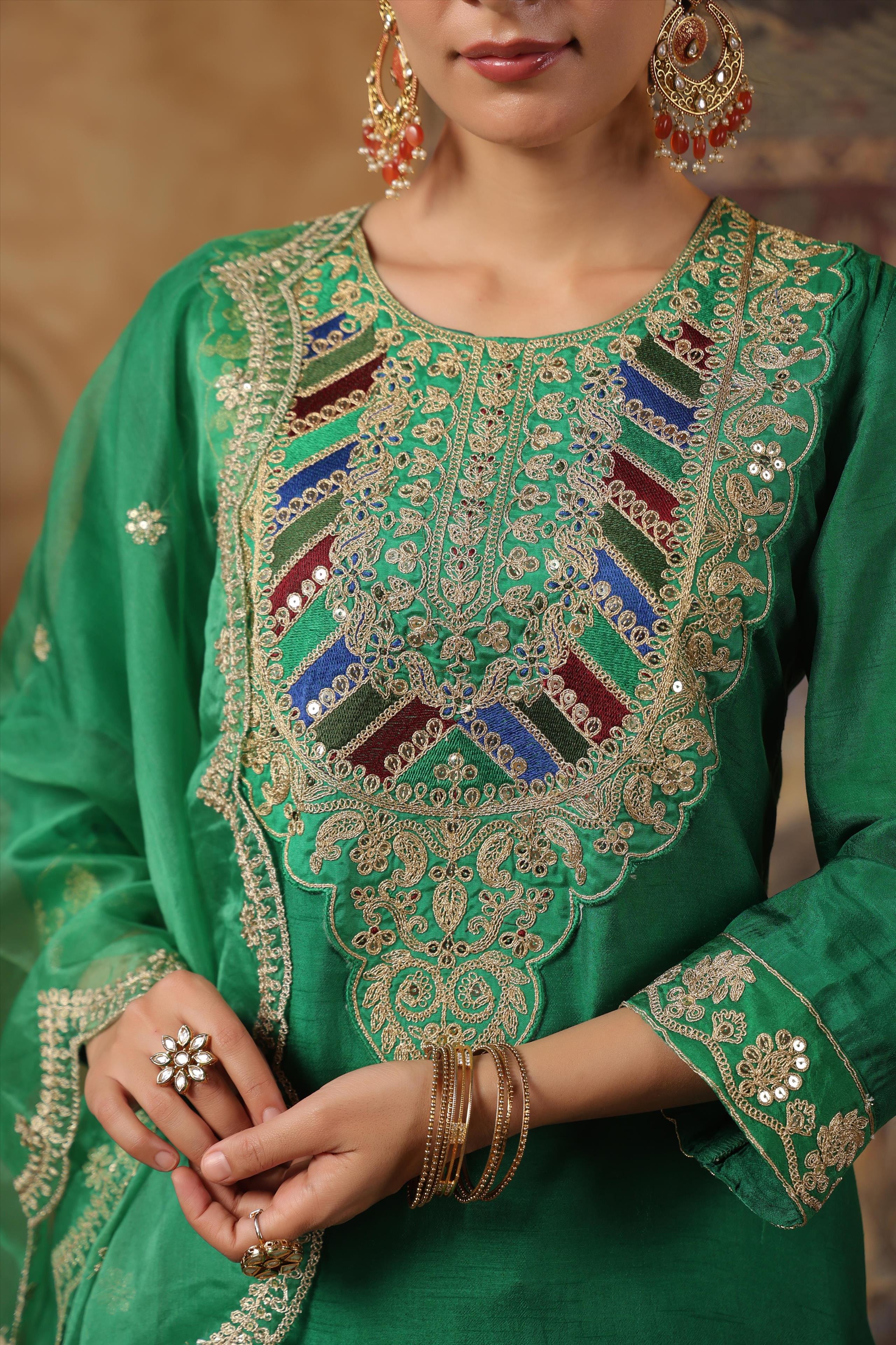 Green Dupion Silk Dori-Sequin Work Suit Set