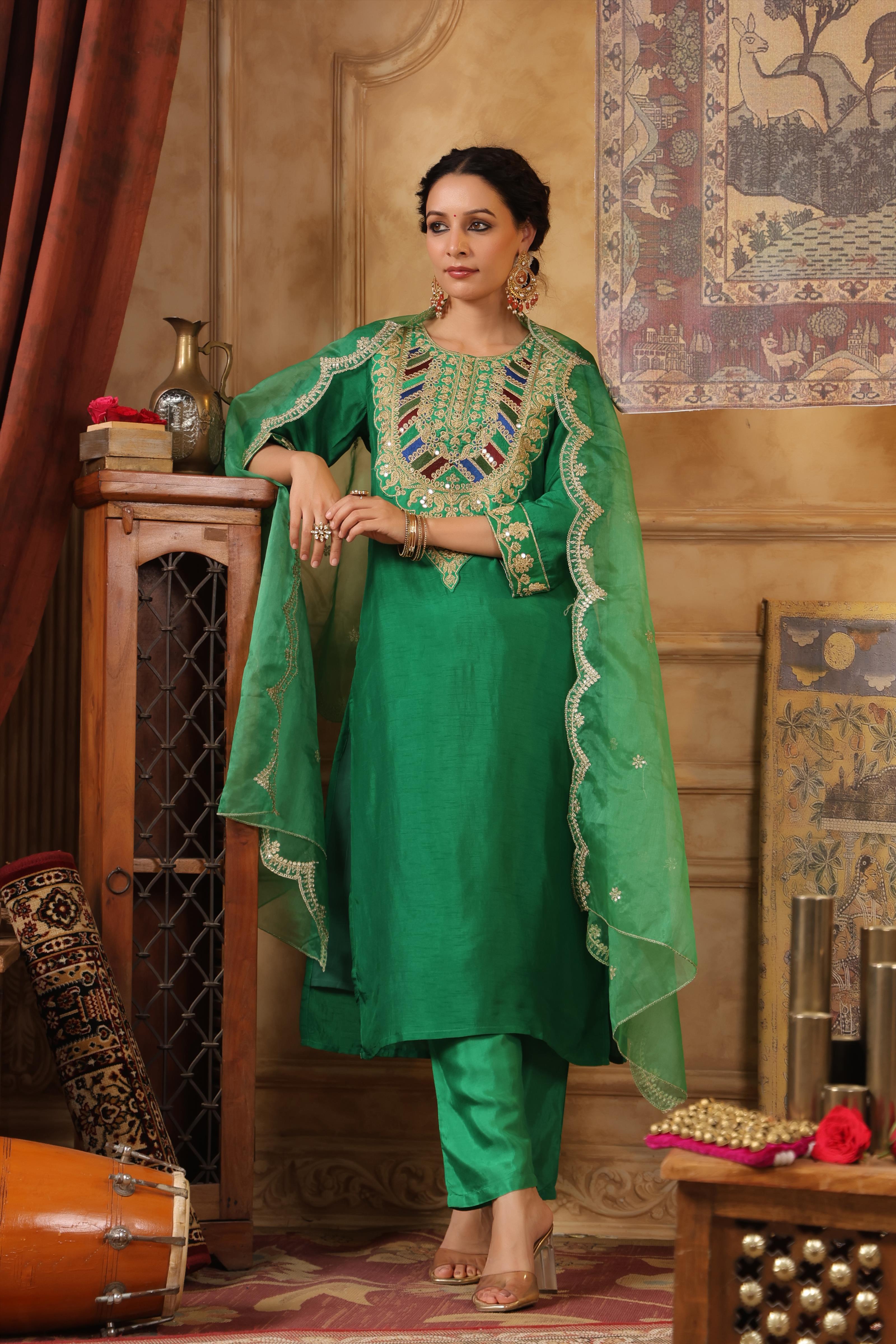 Green Dupion Silk Dori-Sequin Work Suit Set