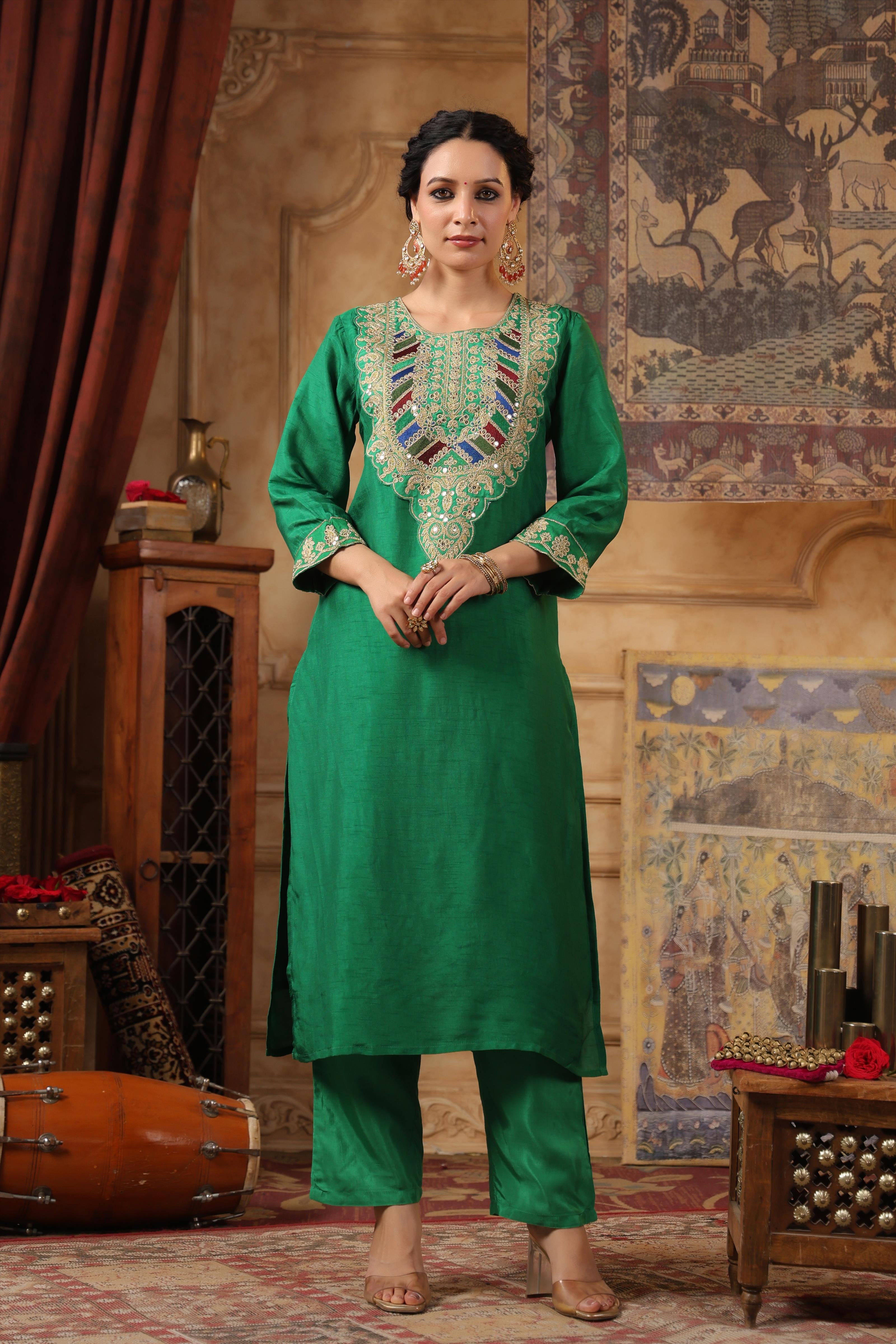 Green Dupion Silk Dori-Sequin Work Suit Set