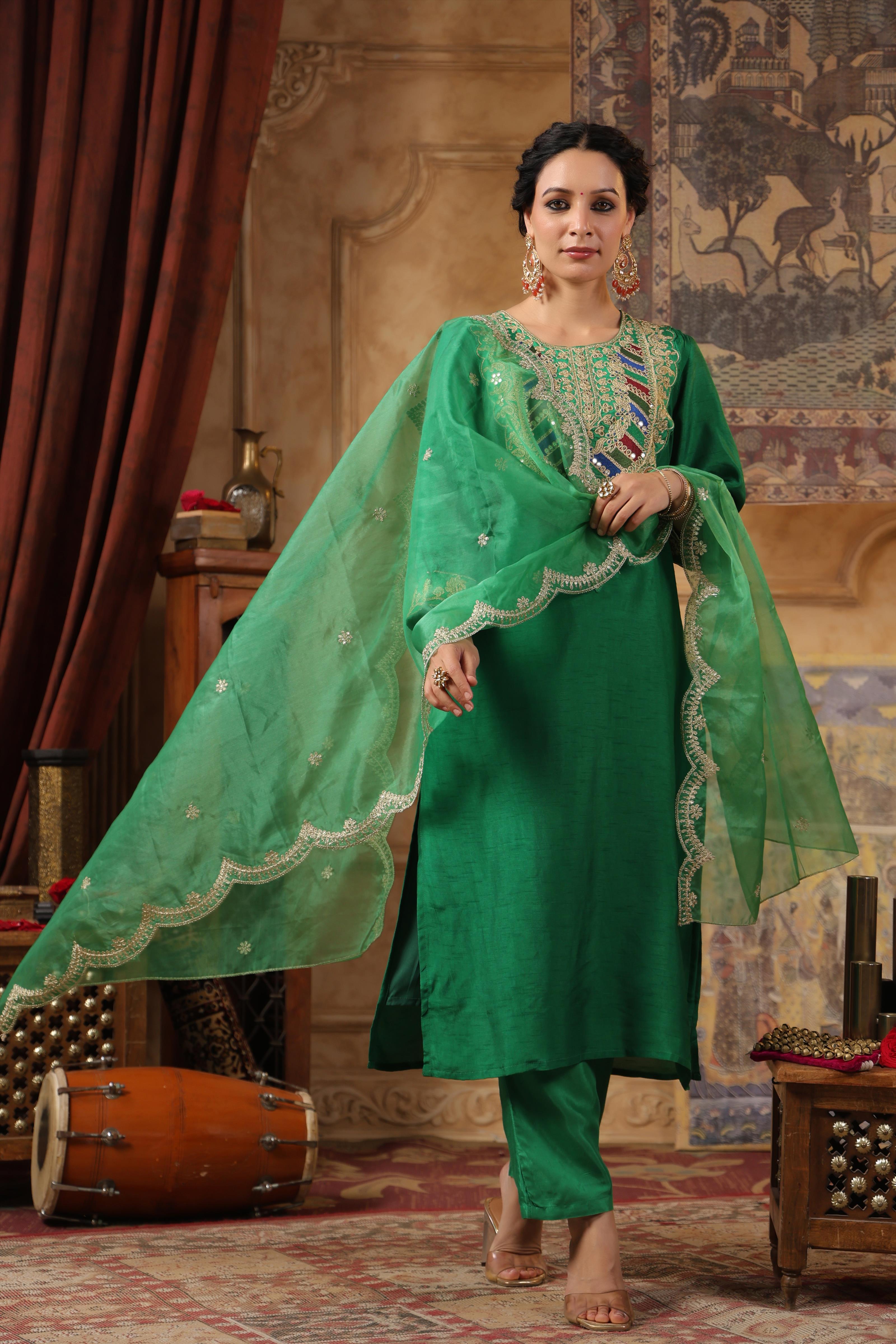 Green Dupion Silk Dori-Sequin Work Suit Set