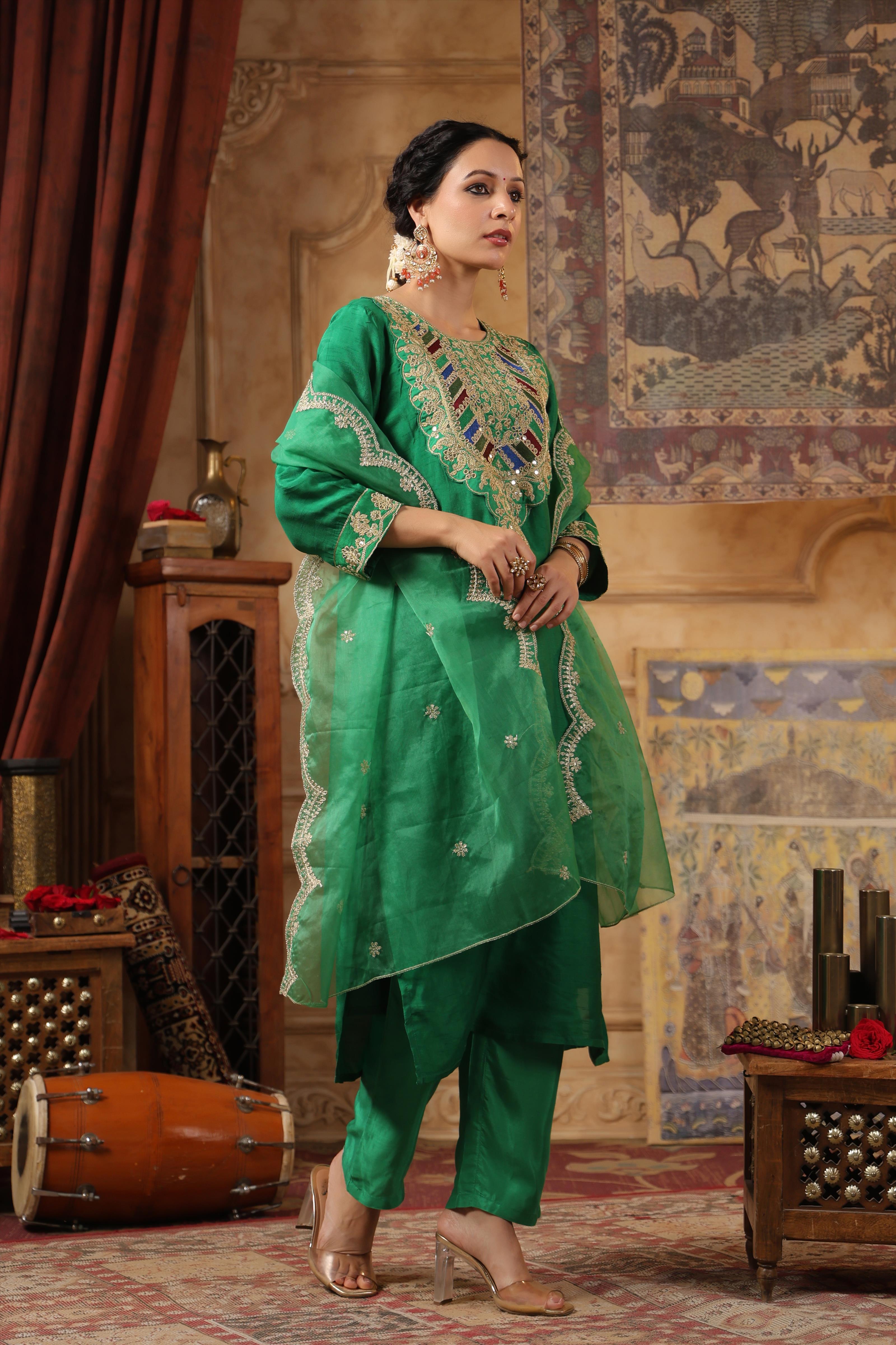 Green Dupion Silk Dori-Sequin Work Suit Set