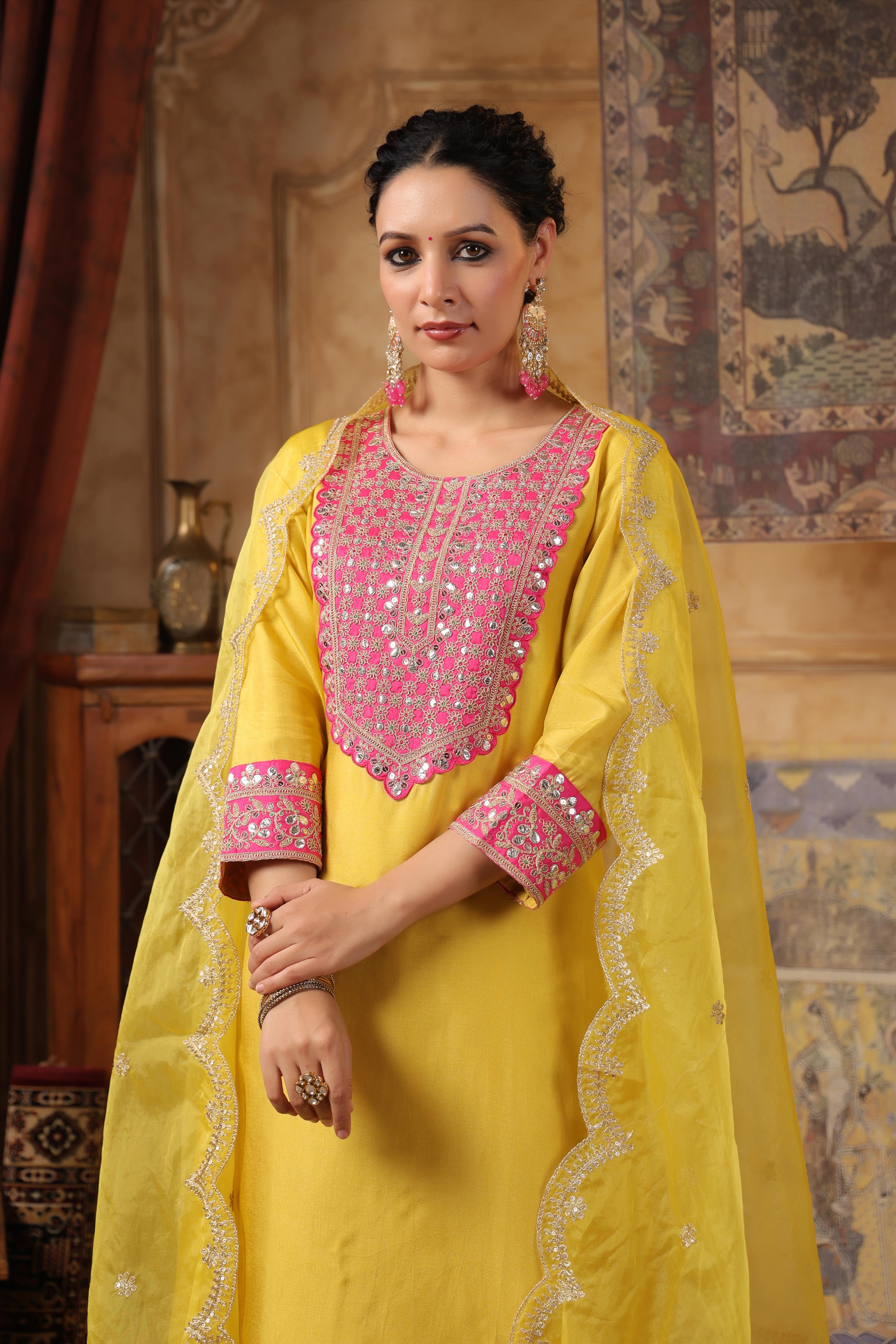 Lime Green-Fuchsia Dupion Silk Dori-Sequin Work Suit Set