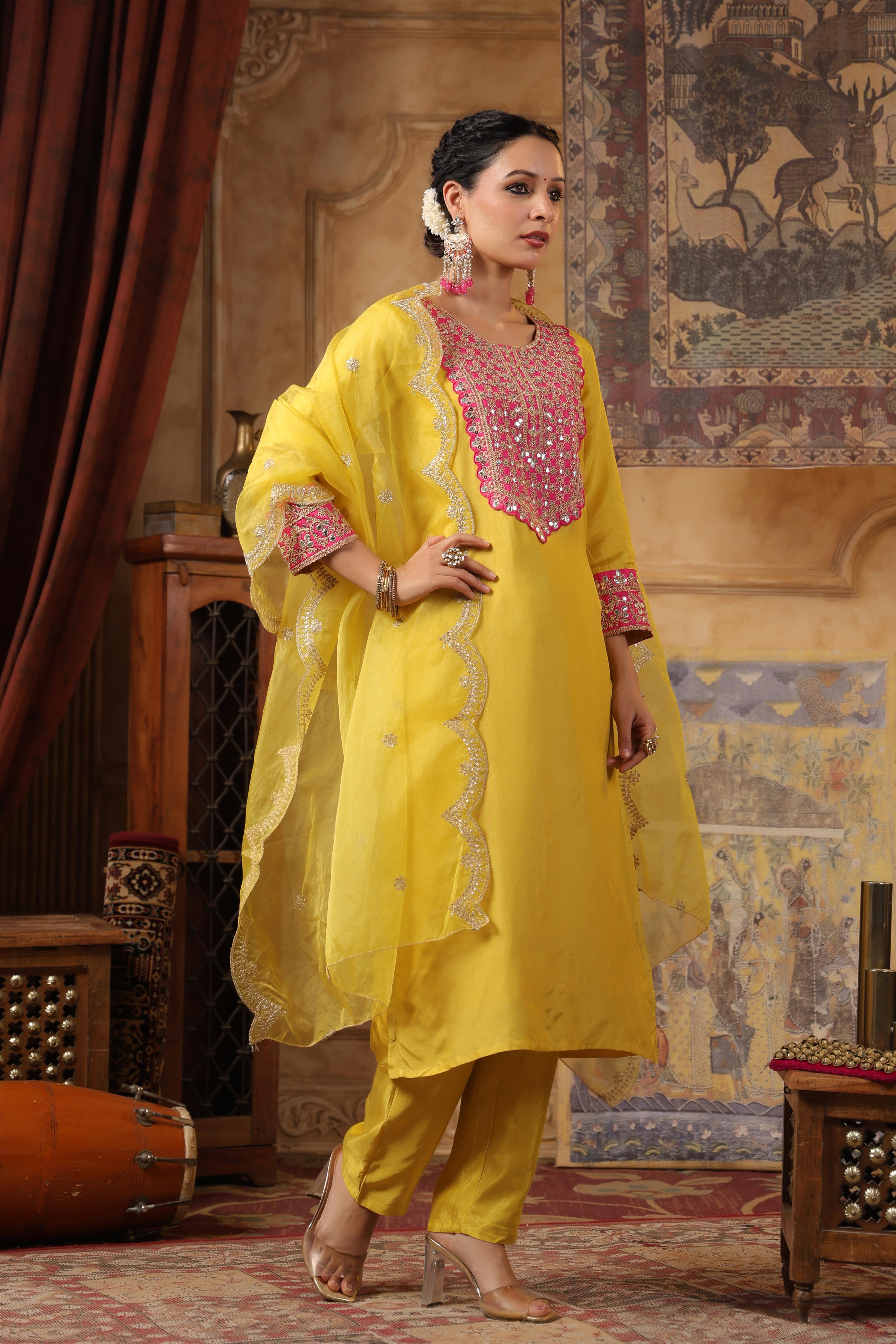 Lime Green-Fuchsia Dupion Silk Dori-Sequin Work Suit Set