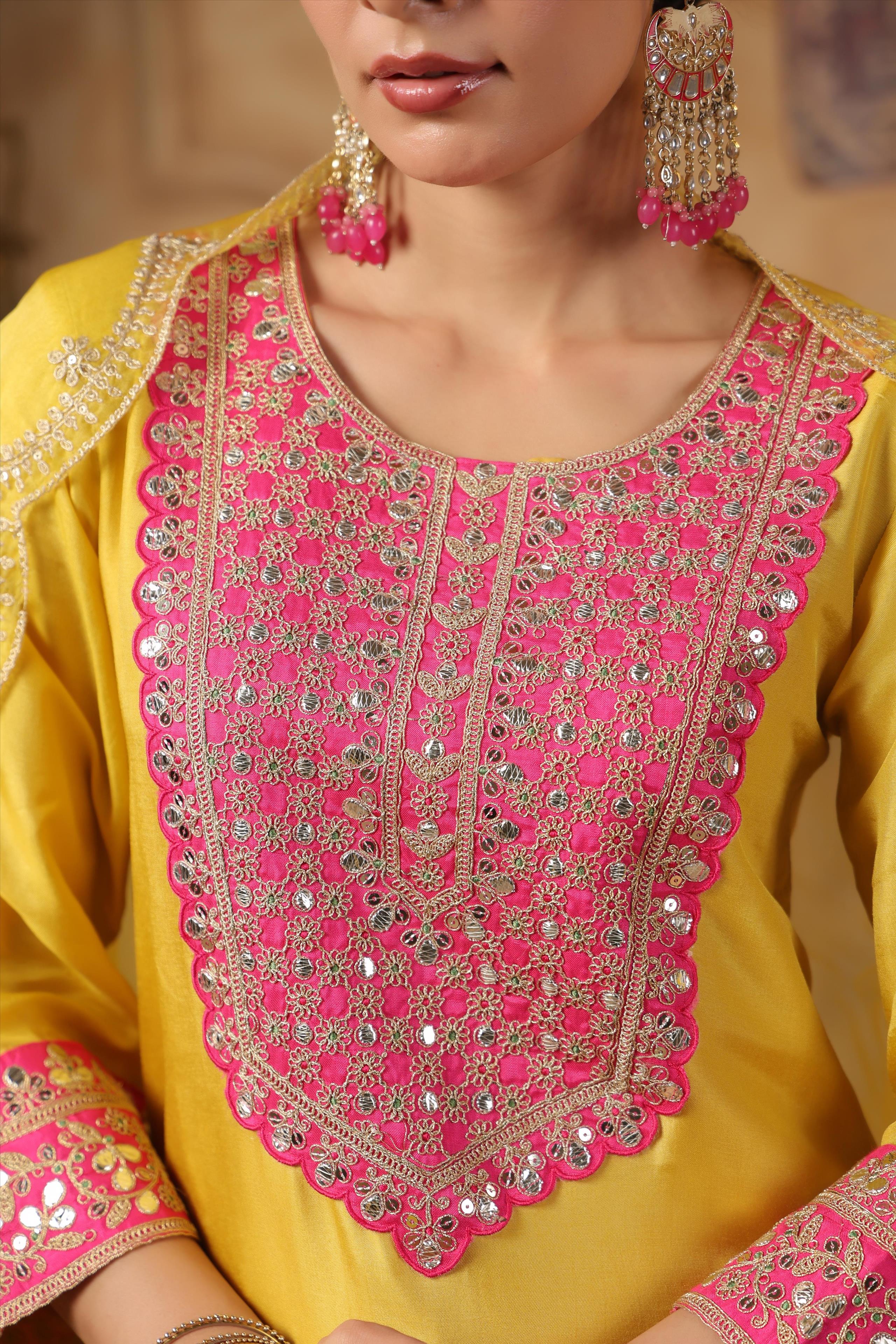 Lime Green-Fuchsia Dupion Silk Dori-Sequin Work Suit Set